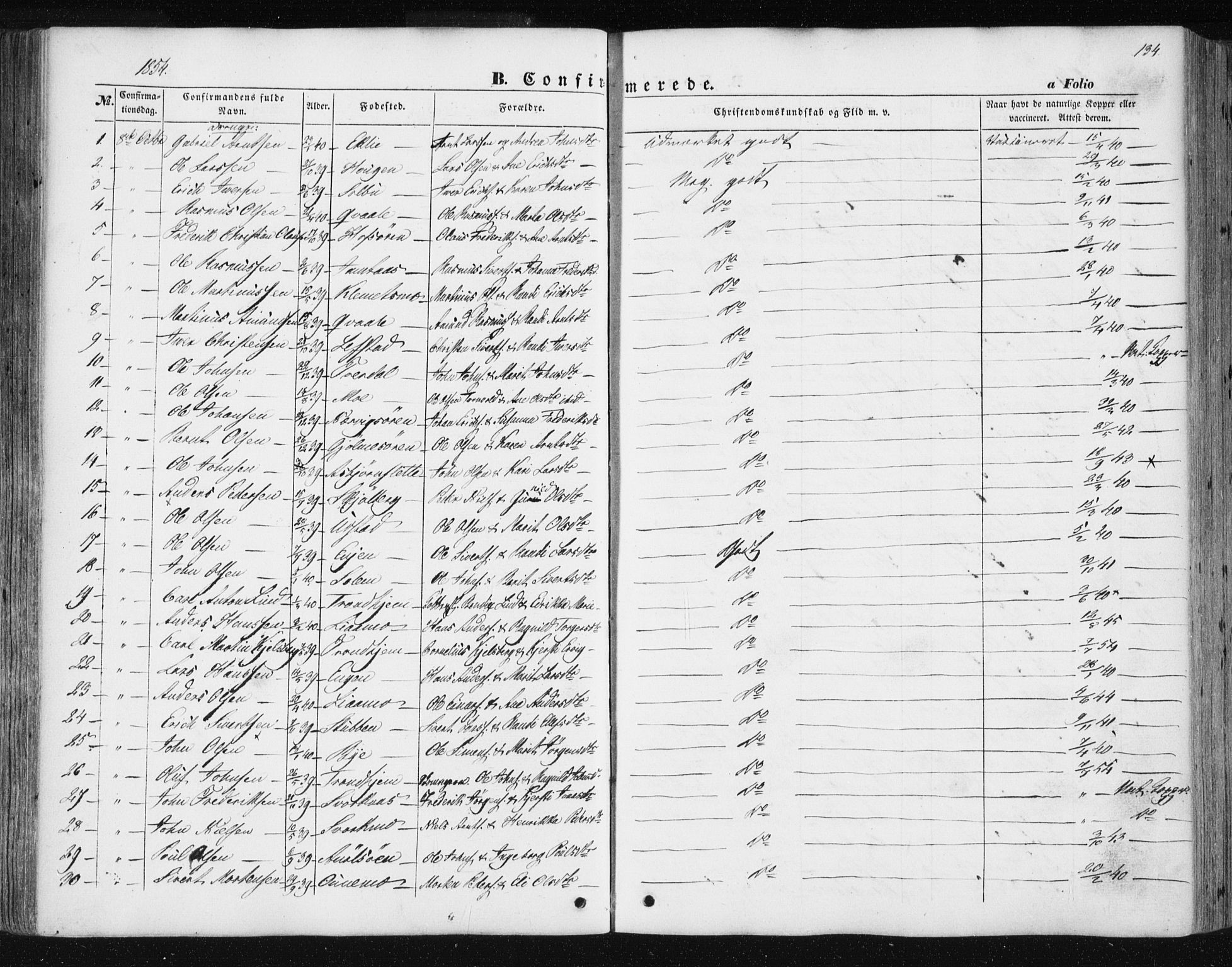 Ministerialprotokoller, klokkerbøker og fødselsregistre - Sør-Trøndelag, SAT/A-1456/668/L0806: Parish register (official) no. 668A06, 1854-1869, p. 134