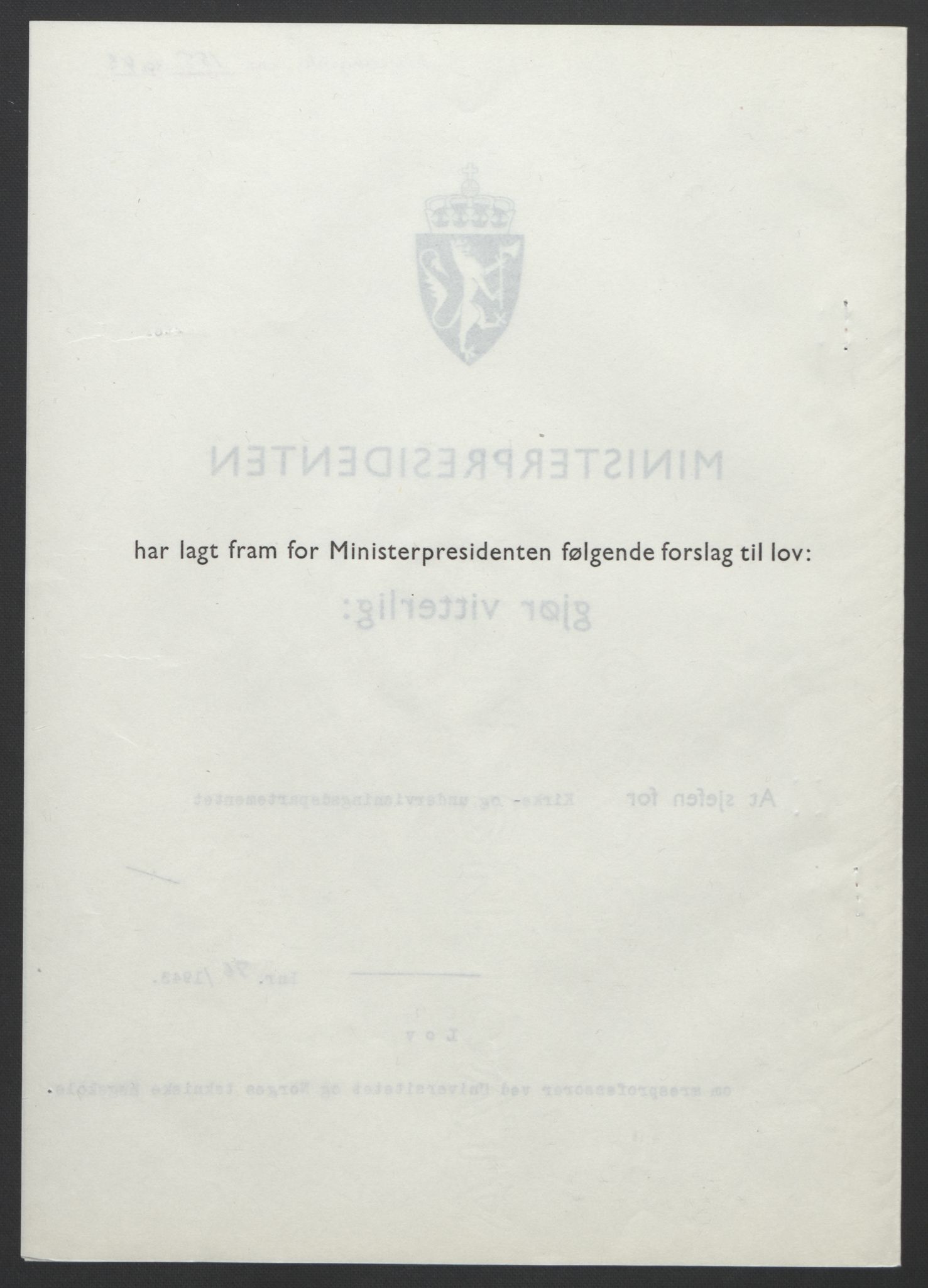 NS-administrasjonen 1940-1945 (Statsrådsekretariatet, de kommisariske statsråder mm), AV/RA-S-4279/D/Db/L0099: Lover, 1943, p. 350