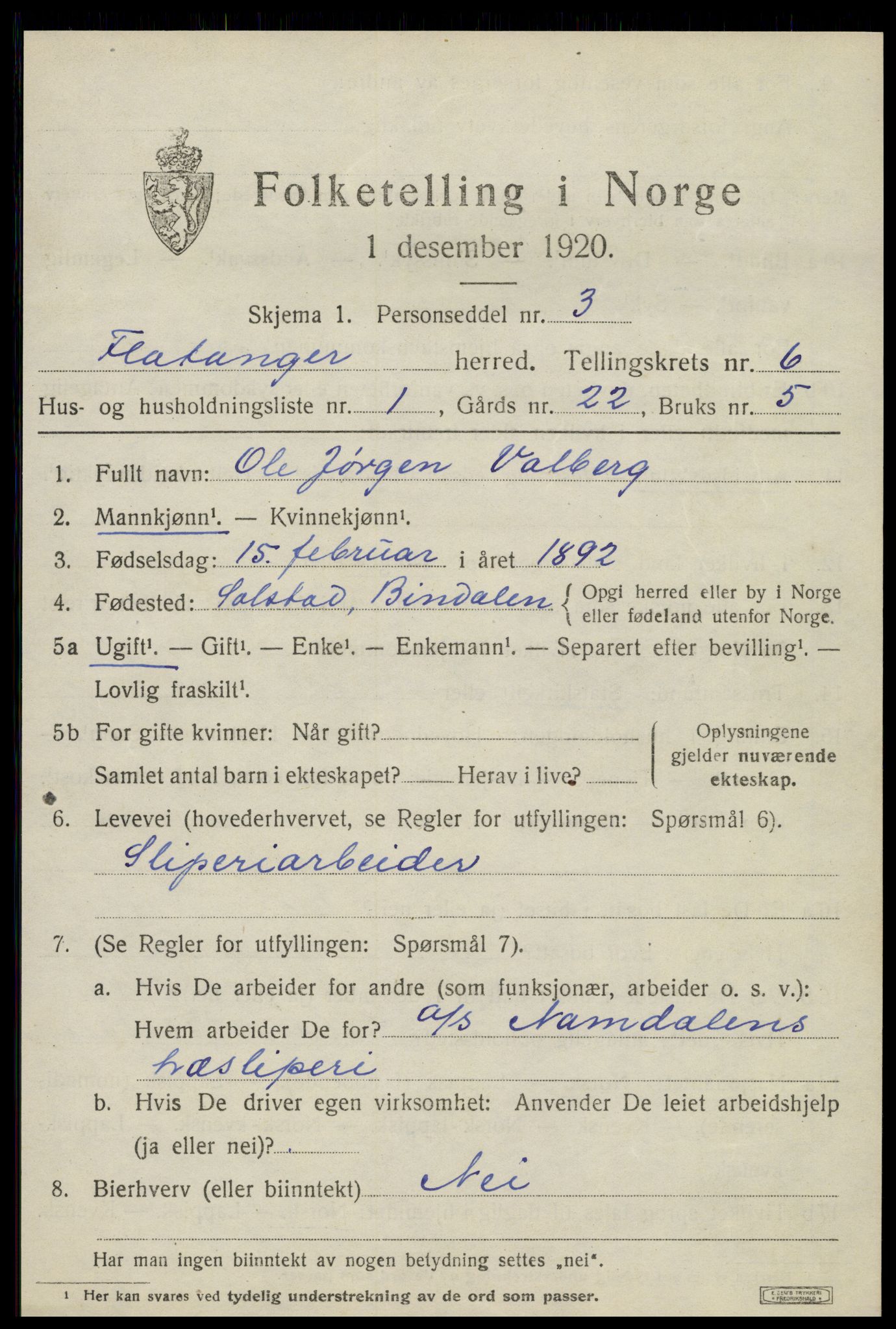 SAT, 1920 census for Flatanger, 1920, p. 2796