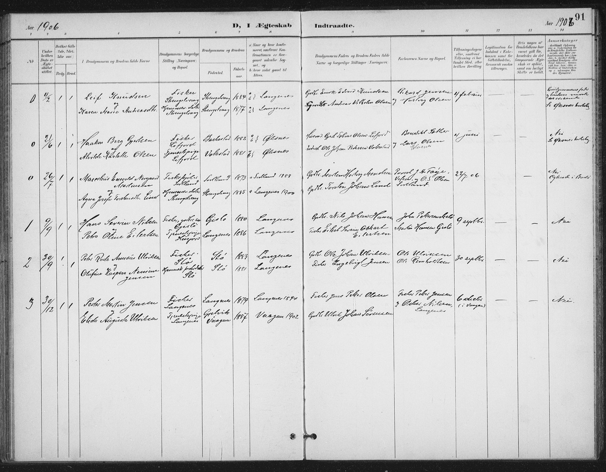 Ministerialprotokoller, klokkerbøker og fødselsregistre - Nordland, AV/SAT-A-1459/894/L1356: Parish register (official) no. 894A02, 1897-1914, p. 91