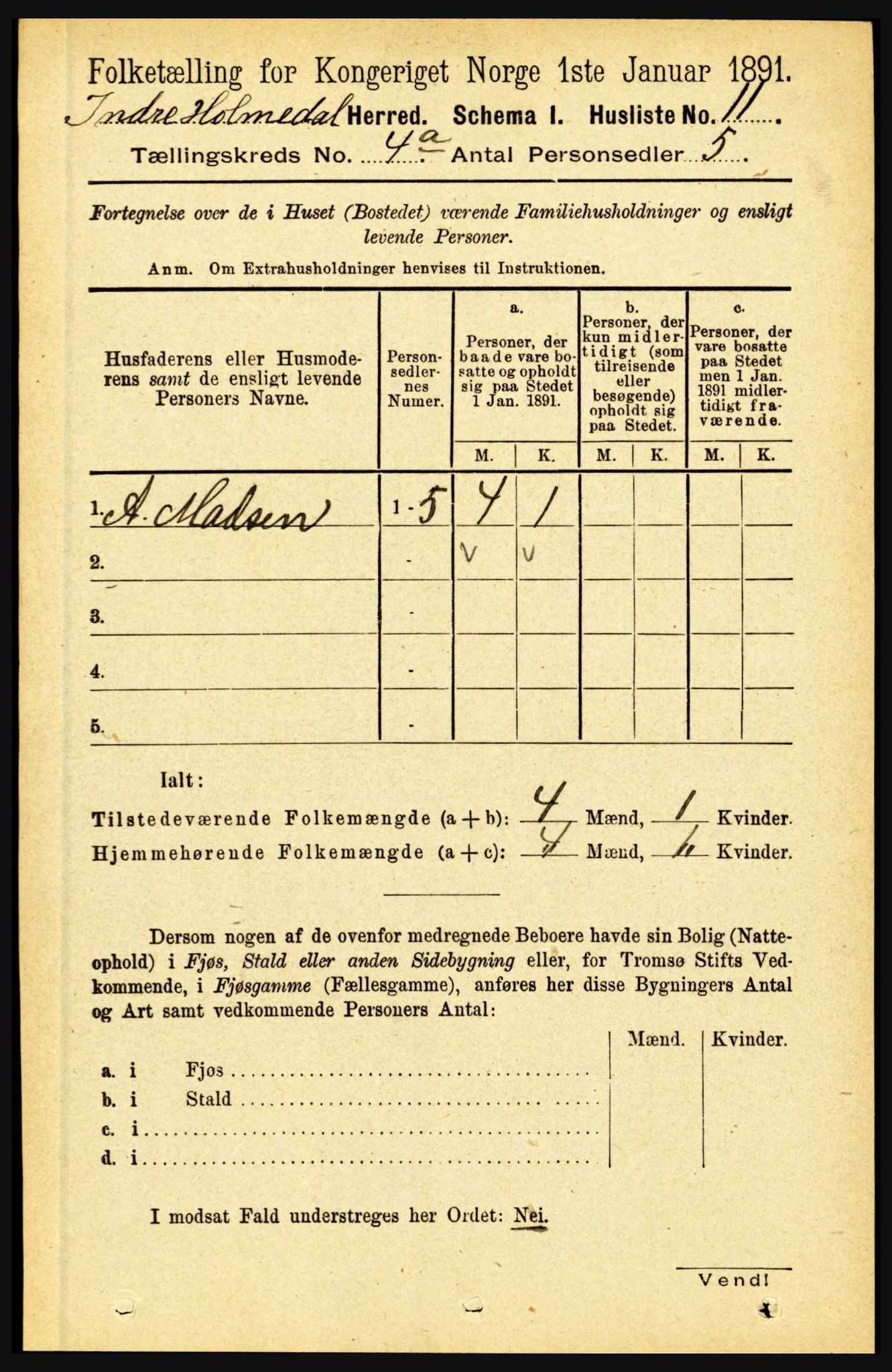 RA, 1891 census for 1430 Indre Holmedal, 1891, p. 1317