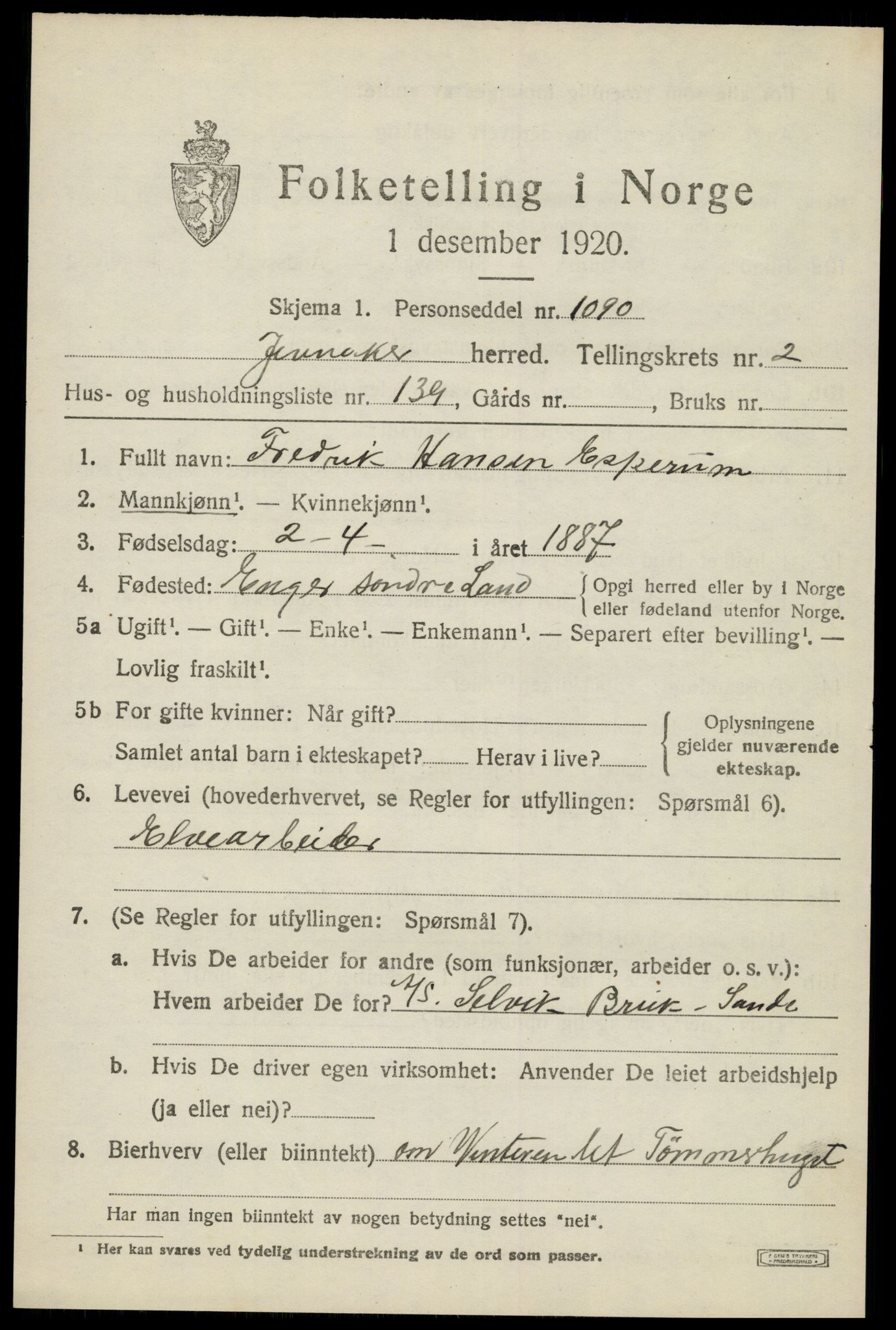 SAH, 1920 census for Jevnaker, 1920, p. 3581