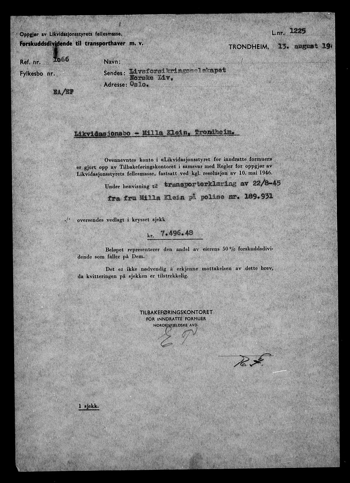 Justisdepartementet, Tilbakeføringskontoret for inndratte formuer, AV/RA-S-1564/H/Hc/Hca/L0902: --, 1945-1947, p. 160