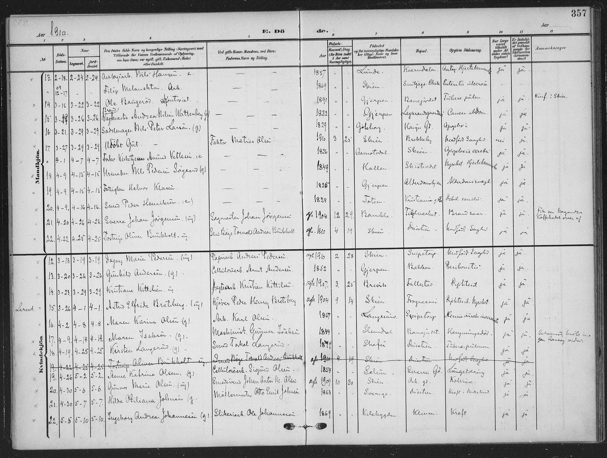 Skien kirkebøker, SAKO/A-302/F/Fa/L0012: Parish register (official) no. 12, 1908-1914, p. 357
