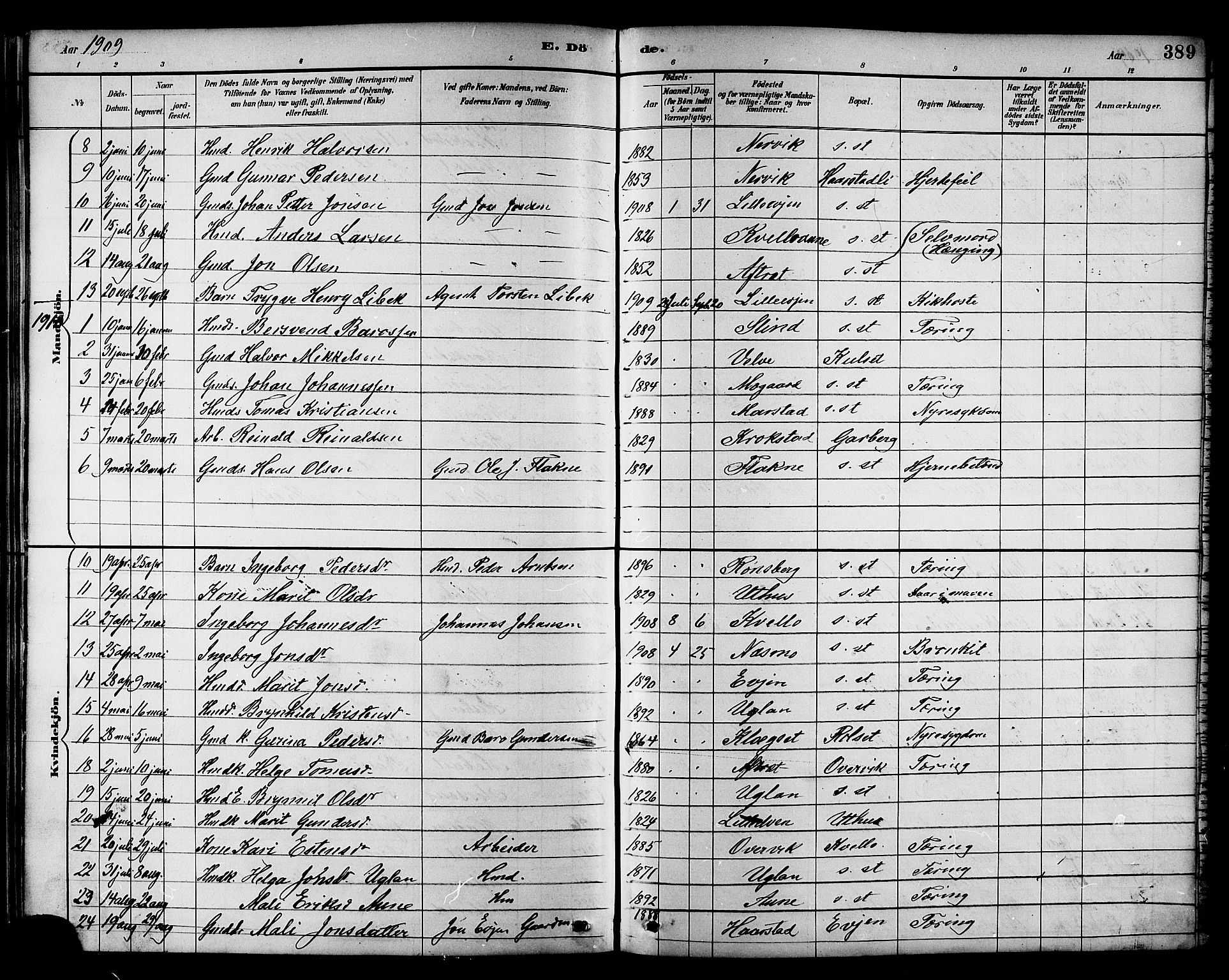 Ministerialprotokoller, klokkerbøker og fødselsregistre - Sør-Trøndelag, SAT/A-1456/695/L1157: Parish register (copy) no. 695C08, 1889-1913, p. 389