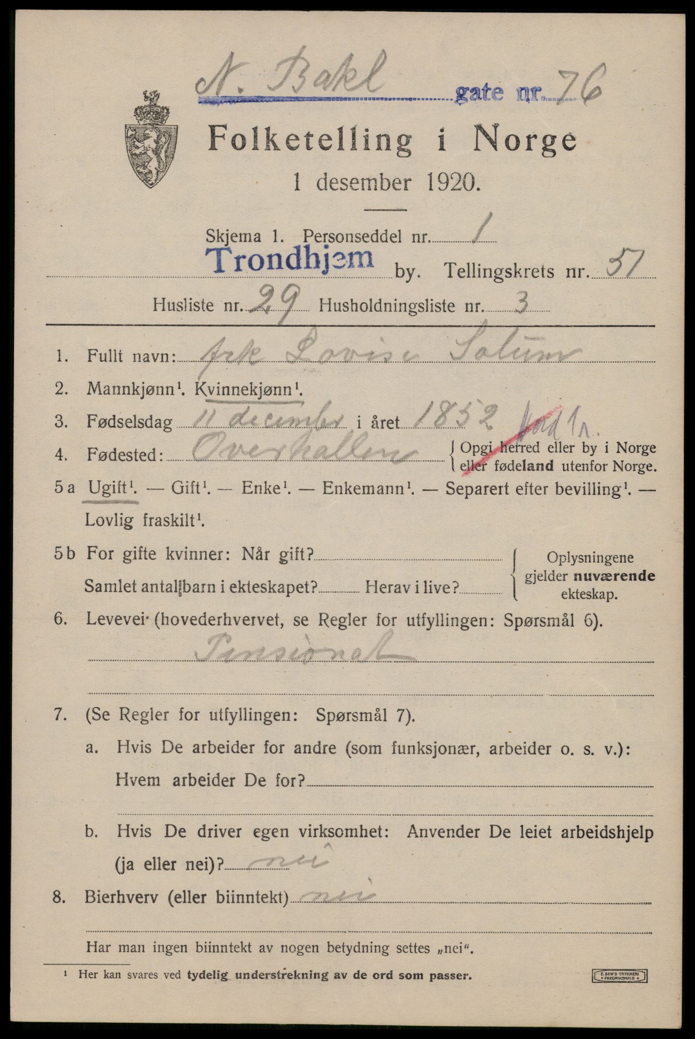 SAT, 1920 census for Trondheim, 1920, p. 105838