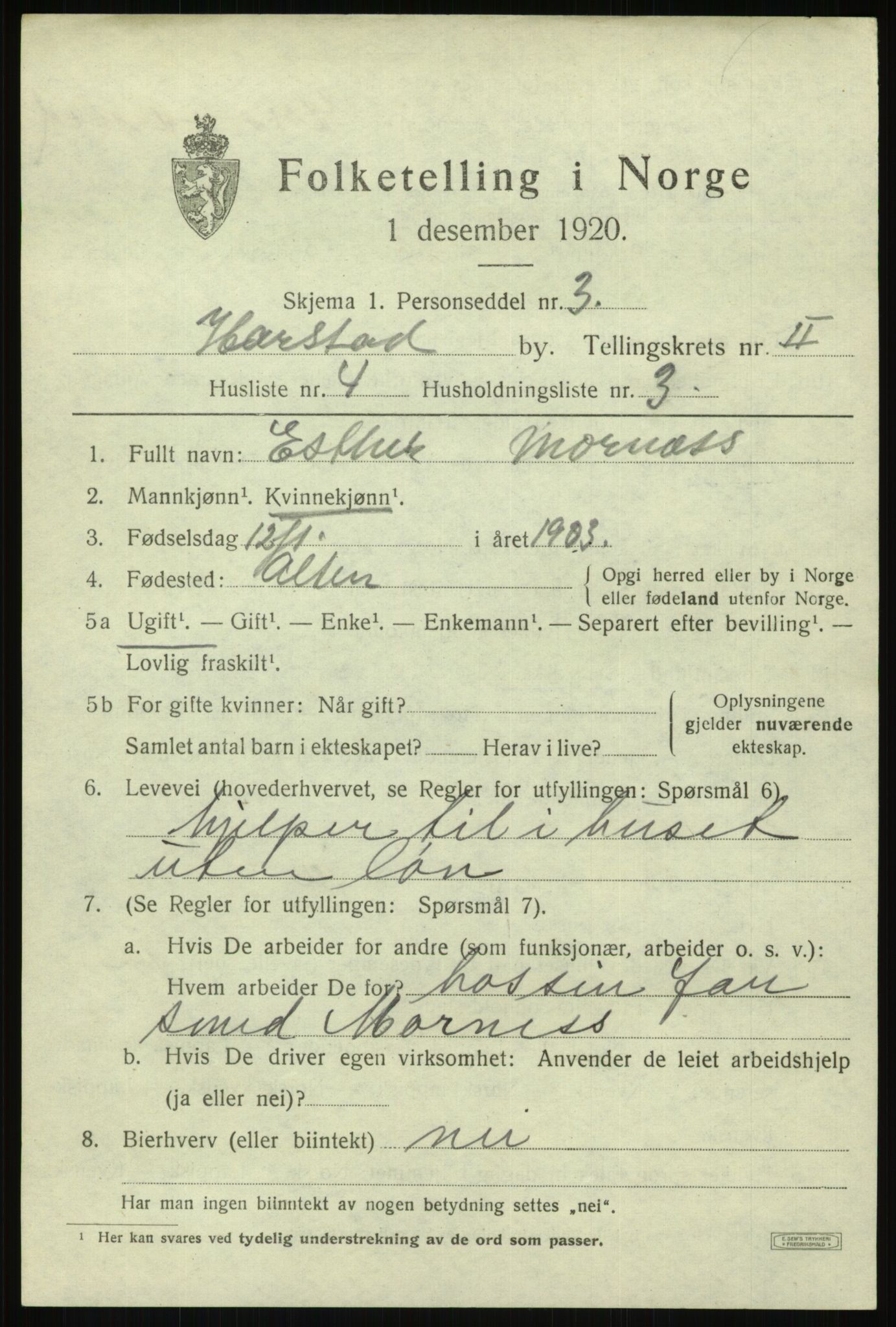 SATØ, 1920 census for Harstad, 1920, p. 3070
