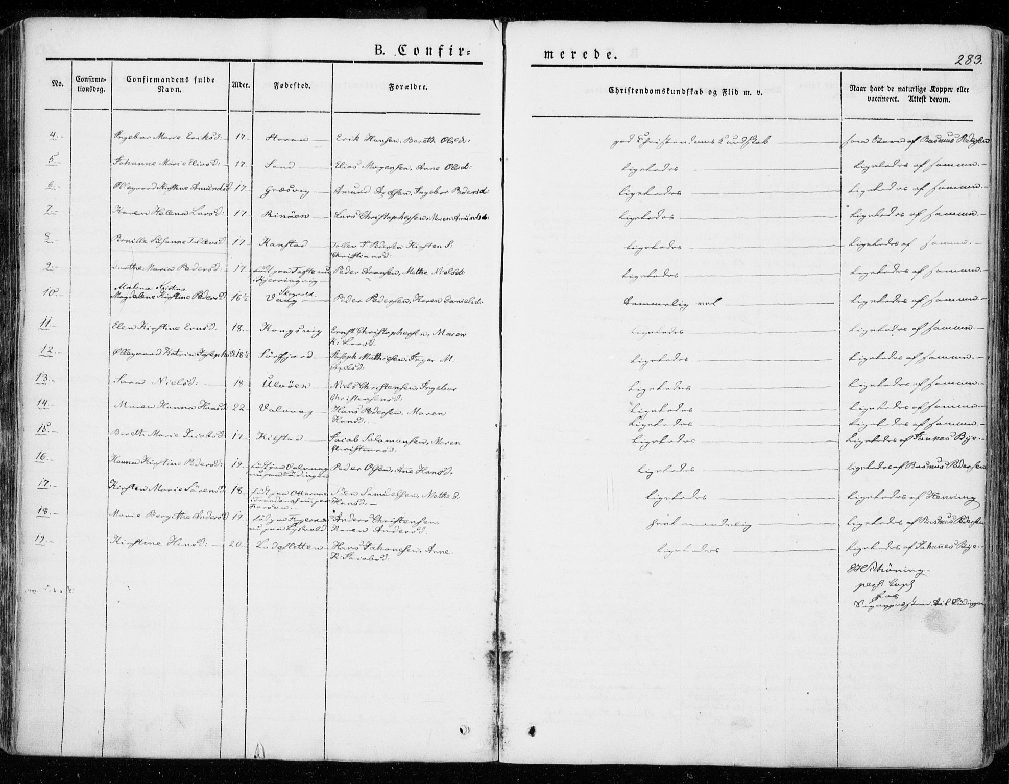 Ministerialprotokoller, klokkerbøker og fødselsregistre - Nordland, AV/SAT-A-1459/872/L1033: Parish register (official) no. 872A08, 1840-1863, p. 283