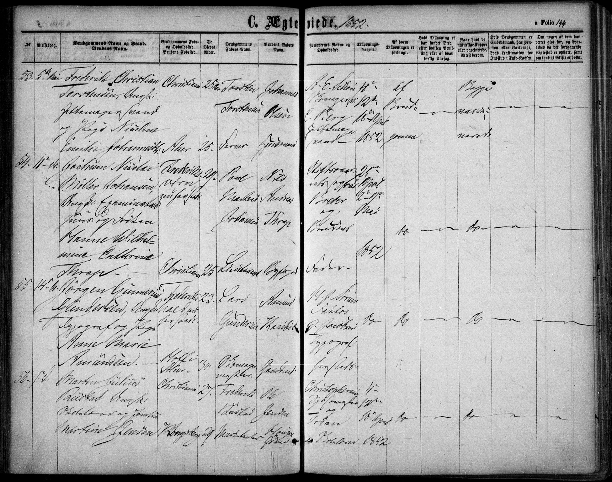 Oslo domkirke Kirkebøker, SAO/A-10752/F/Fa/L0020: Parish register (official) no. 20, 1848-1865, p. 144