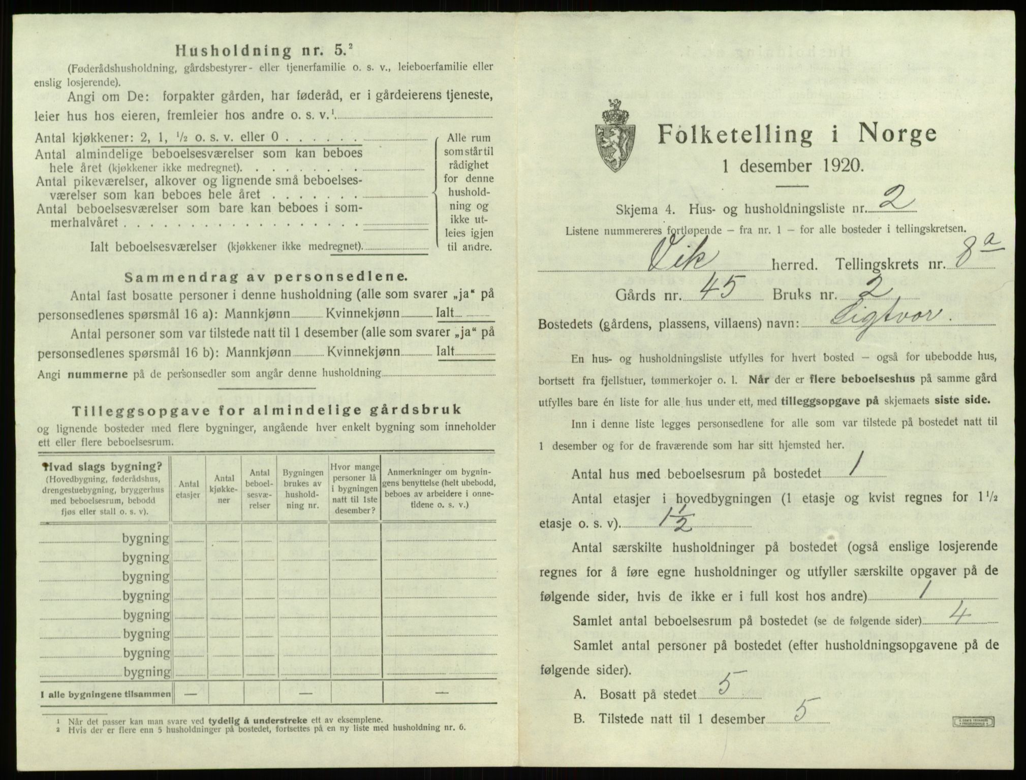 SAB, 1920 census for Vik, 1920, p. 882