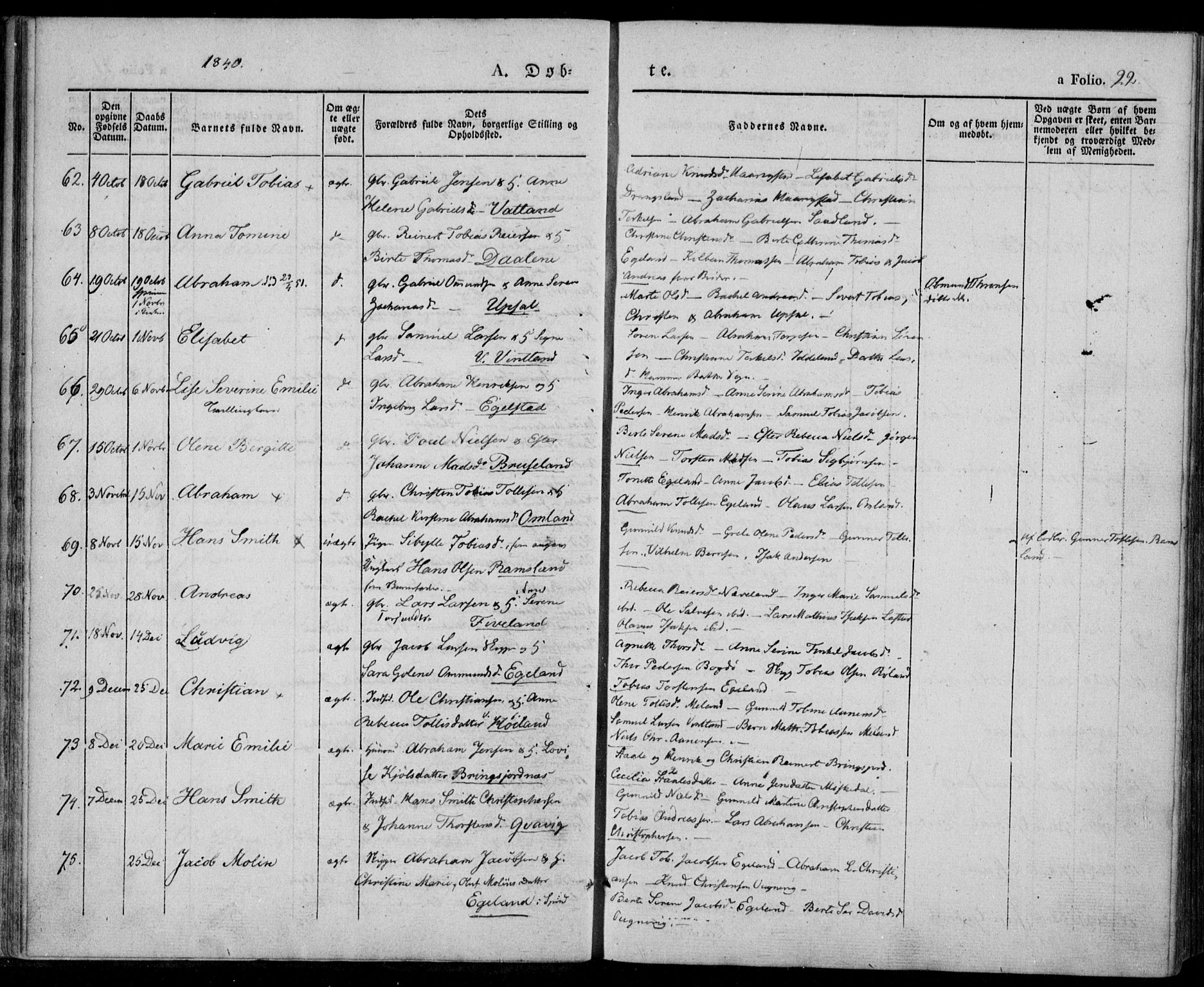 Lyngdal sokneprestkontor, SAK/1111-0029/F/Fa/Fac/L0008: Parish register (official) no. A 8, 1837-1852, p. 22