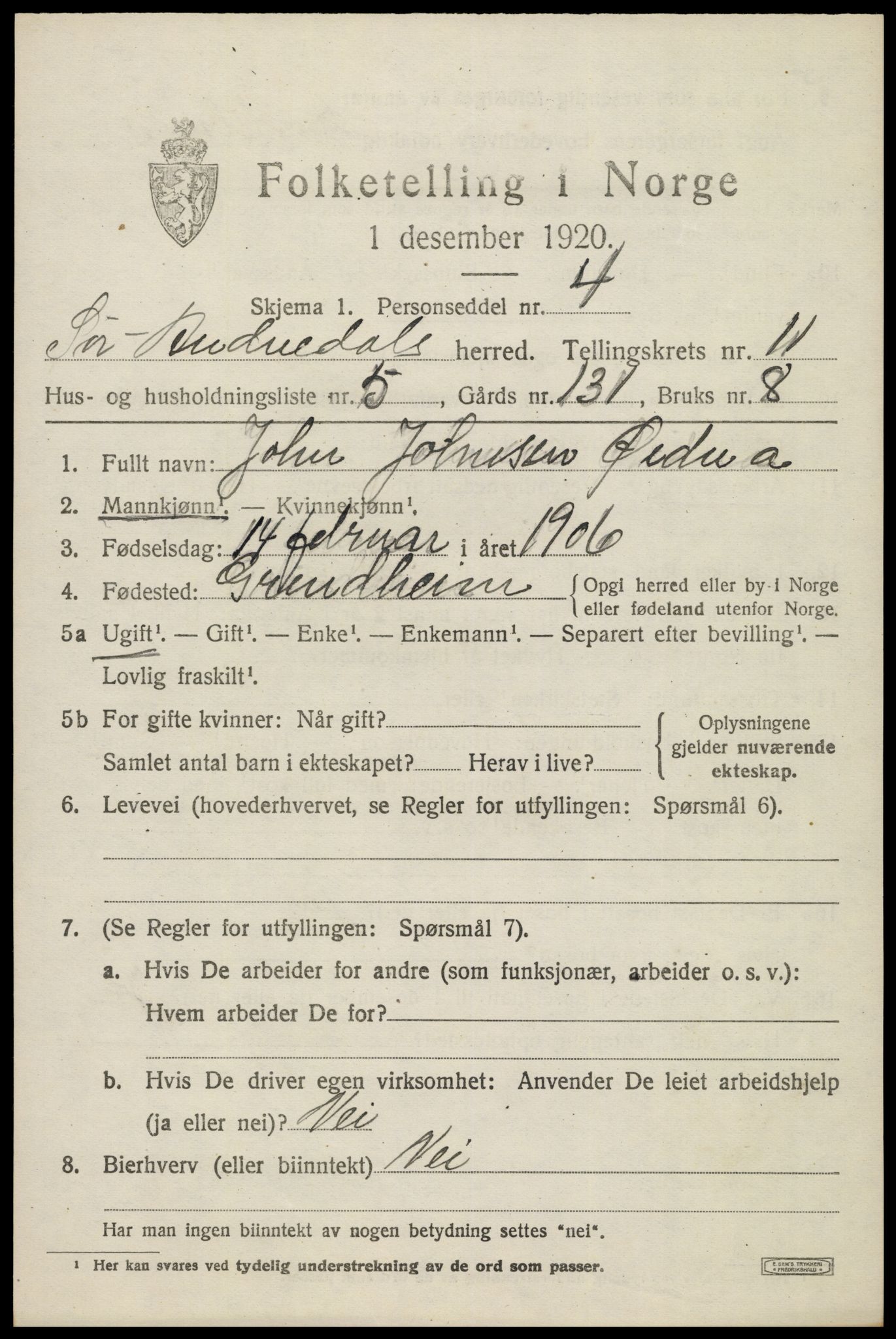 SAK, 1920 census for Sør-Audnedal, 1920, p. 4289