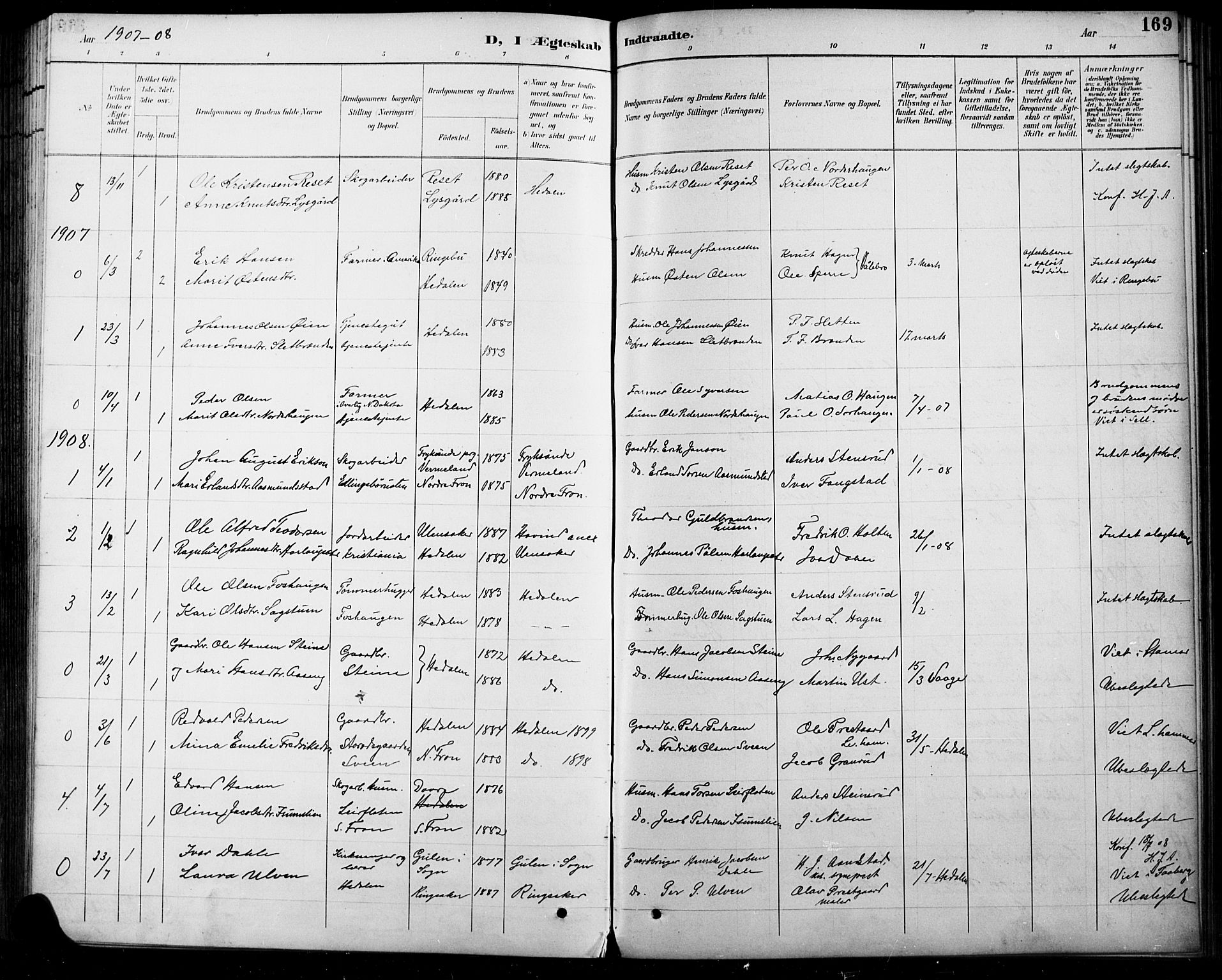 Sel prestekontor, SAH/PREST-074/H/Ha/Hab/L0005: Parish register (copy) no. 5, 1894-1923, p. 169