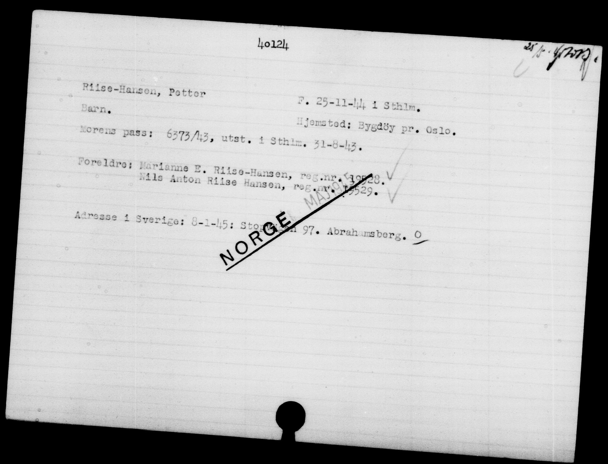 Utenriksstasjonene, Legasjonen i Stockholm, Flyktningkontoret, AV/RA-S-6753/V/Va/L0015: Kjesäterkartoteket, flyktninger med registreringsnr. 37800-40770, 1940-1945, p. 2419