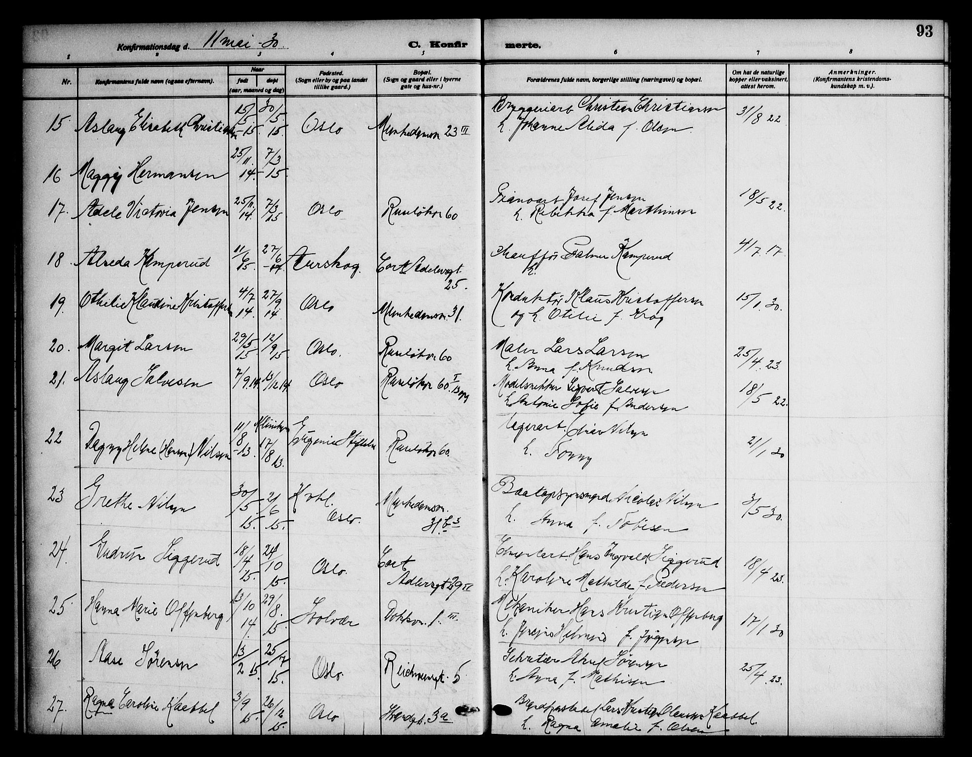 Piperviken prestekontor Kirkebøker, SAO/A-10874/F/L0001: Parish register (official) no. 1, 1911-1958, p. 93