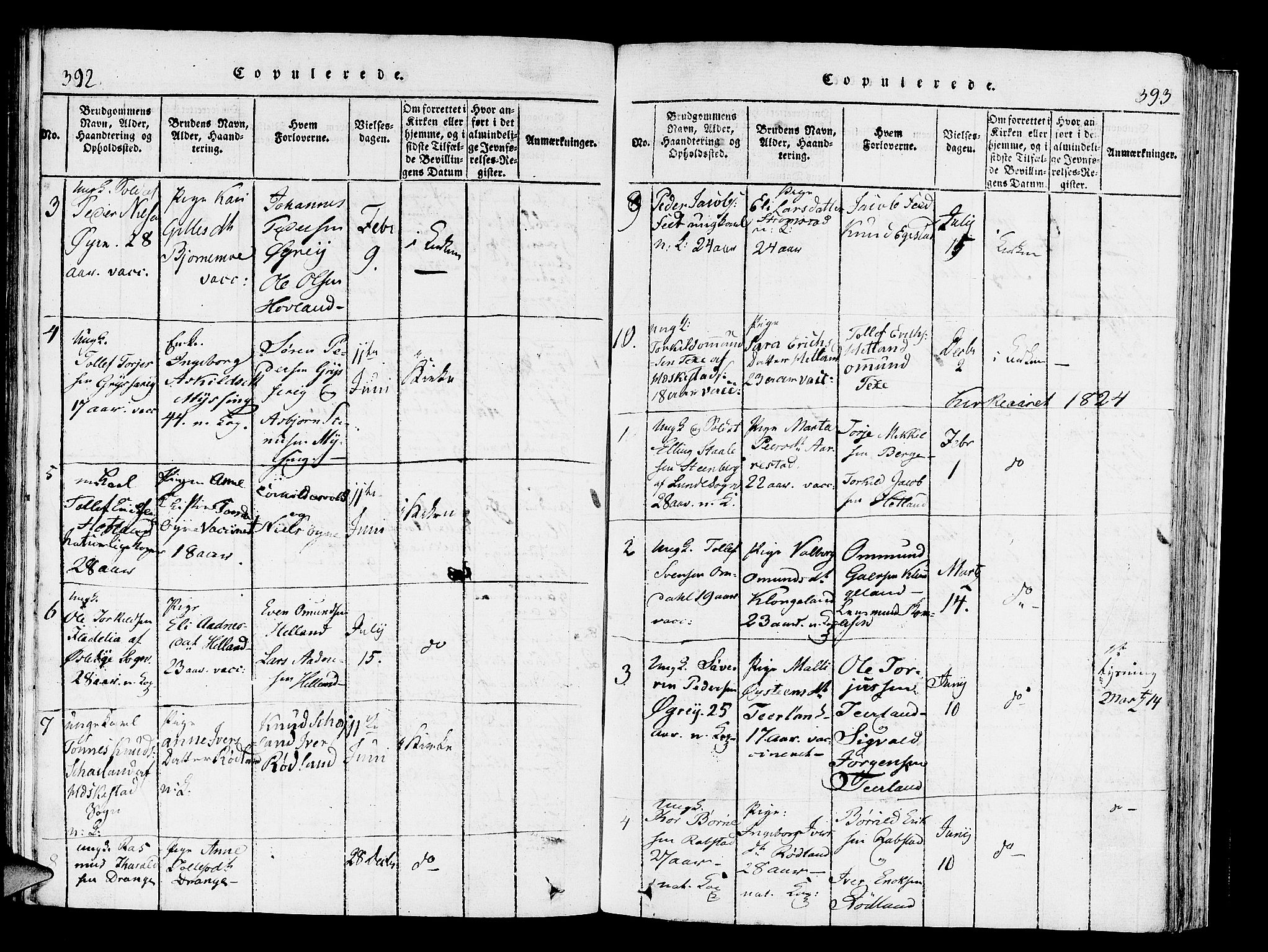 Helleland sokneprestkontor, AV/SAST-A-101810: Parish register (official) no. A 4, 1815-1834, p. 392-393