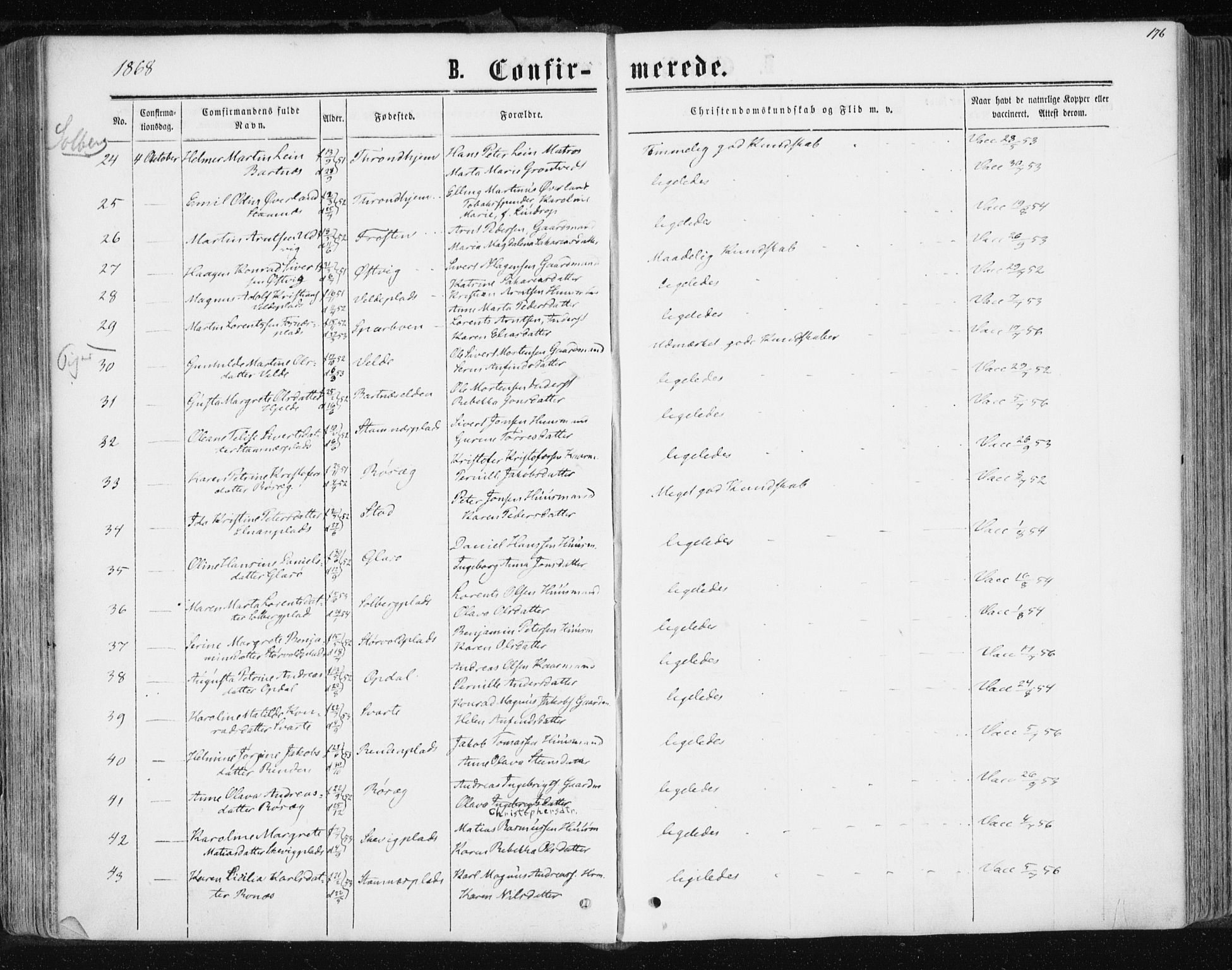 Ministerialprotokoller, klokkerbøker og fødselsregistre - Nord-Trøndelag, SAT/A-1458/741/L0394: Parish register (official) no. 741A08, 1864-1877, p. 176