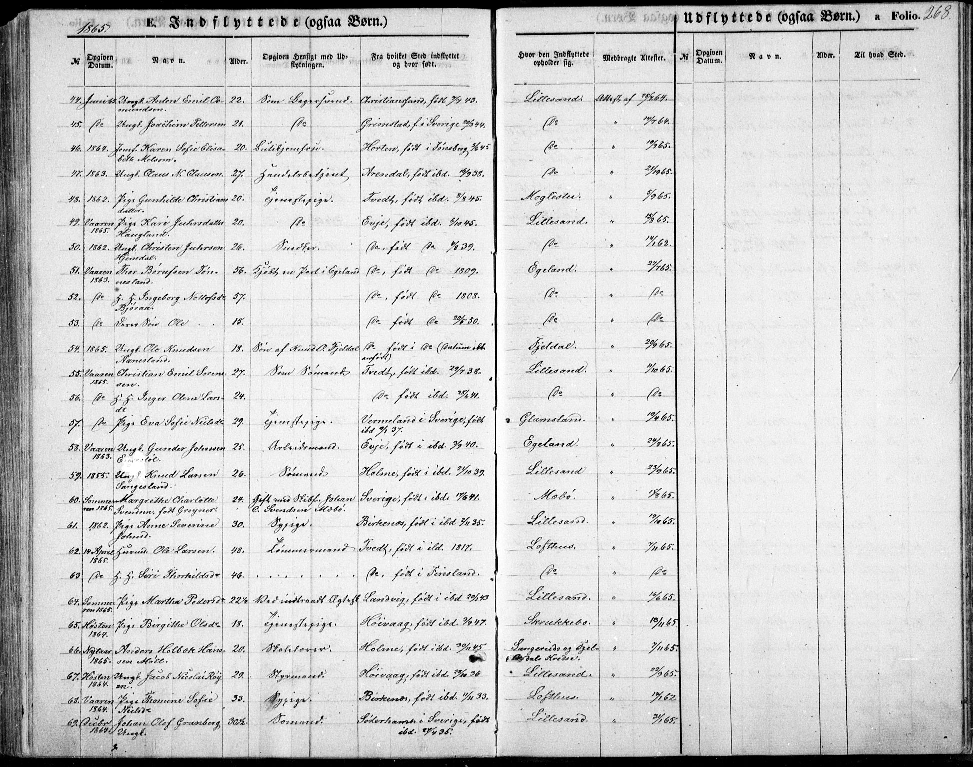 Vestre Moland sokneprestkontor, SAK/1111-0046/F/Fb/Fbb/L0004: Parish register (copy) no. B 4, 1861-1872, p. 268