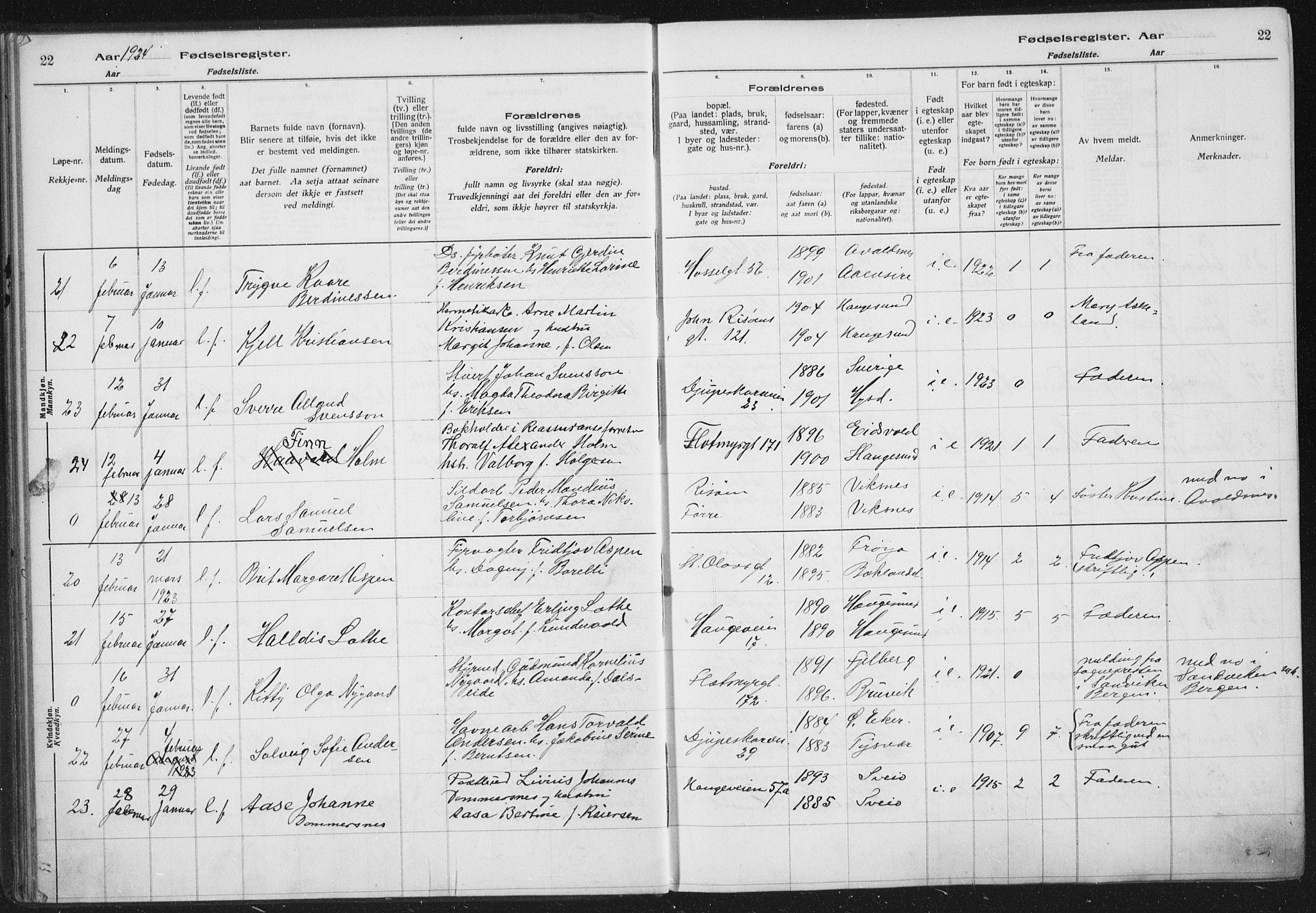 Haugesund sokneprestkontor, SAST/A -101863/I/Id/L0005: Birth register no. 3, 1923-1929, p. 22