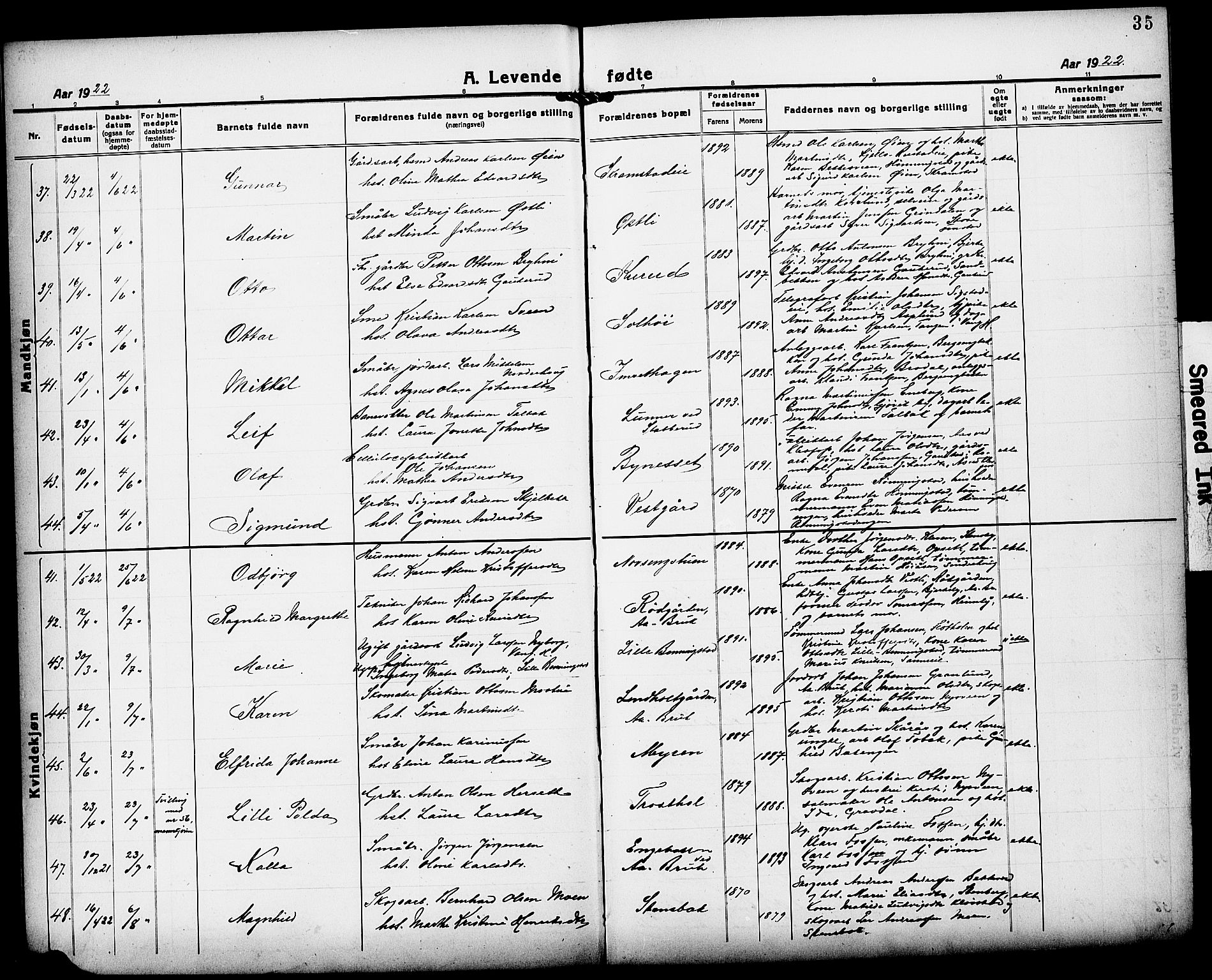 Løten prestekontor, AV/SAH-PREST-022/L/La/L0008: Parish register (copy) no. 8, 1920-1929, p. 35