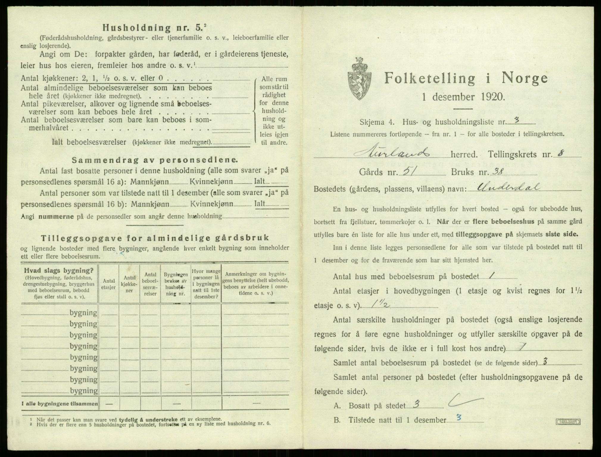 SAB, 1920 census for Aurland, 1920, p. 594