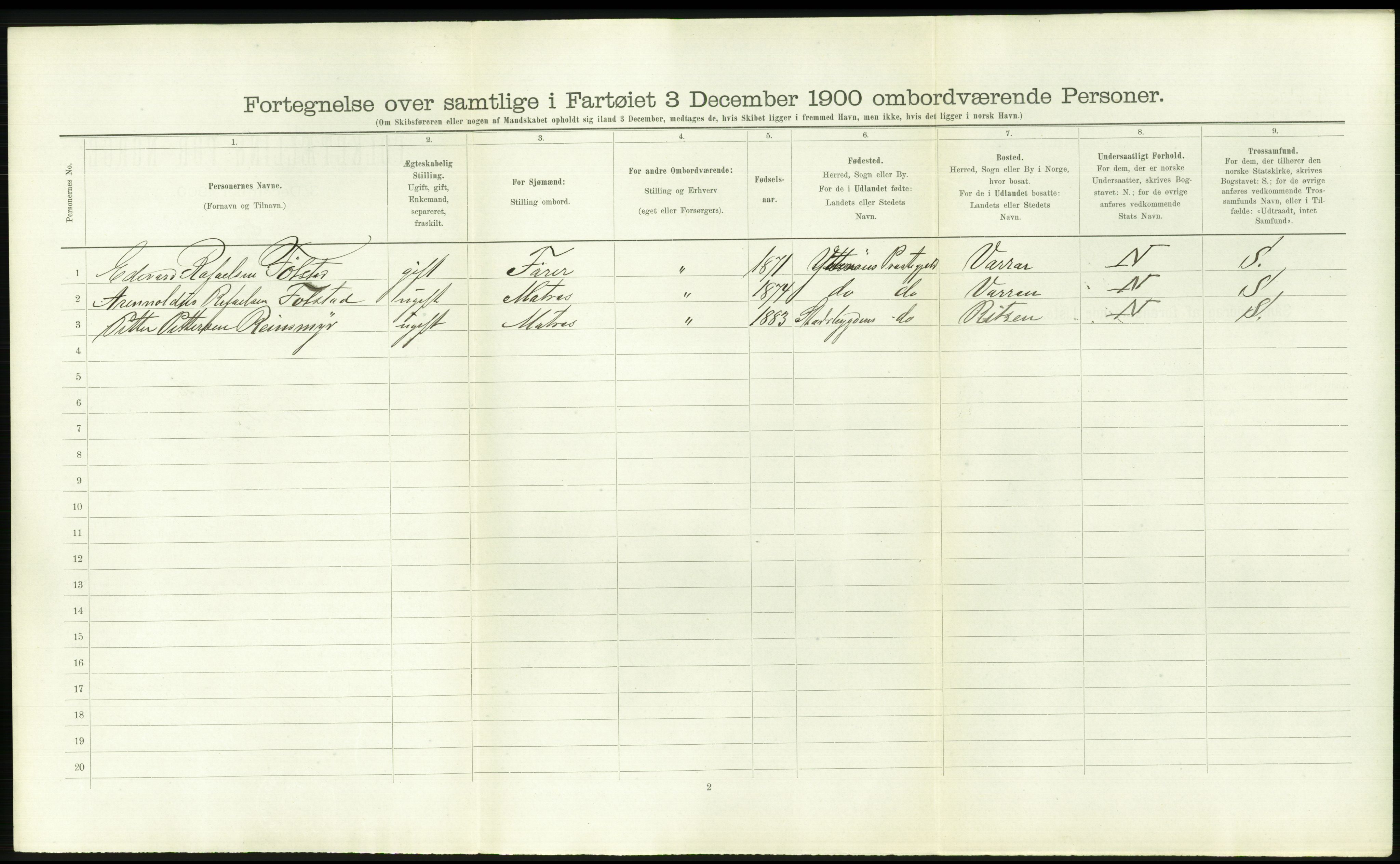 RA, 1900 Census - ship lists from ships in Norwegian harbours, harbours abroad and at sea, 1900, p. 2552