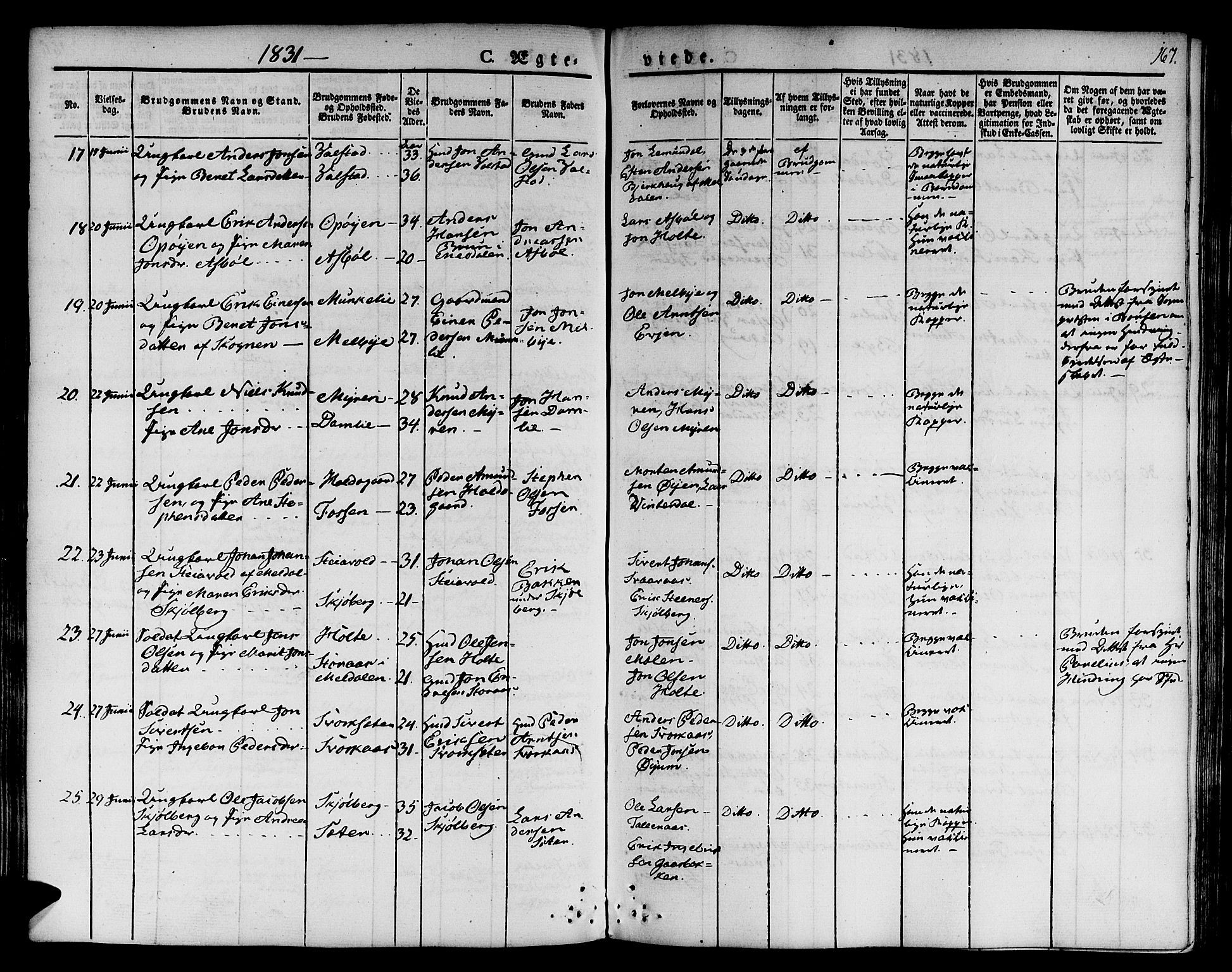 Ministerialprotokoller, klokkerbøker og fødselsregistre - Sør-Trøndelag, AV/SAT-A-1456/668/L0804: Parish register (official) no. 668A04, 1826-1839, p. 167