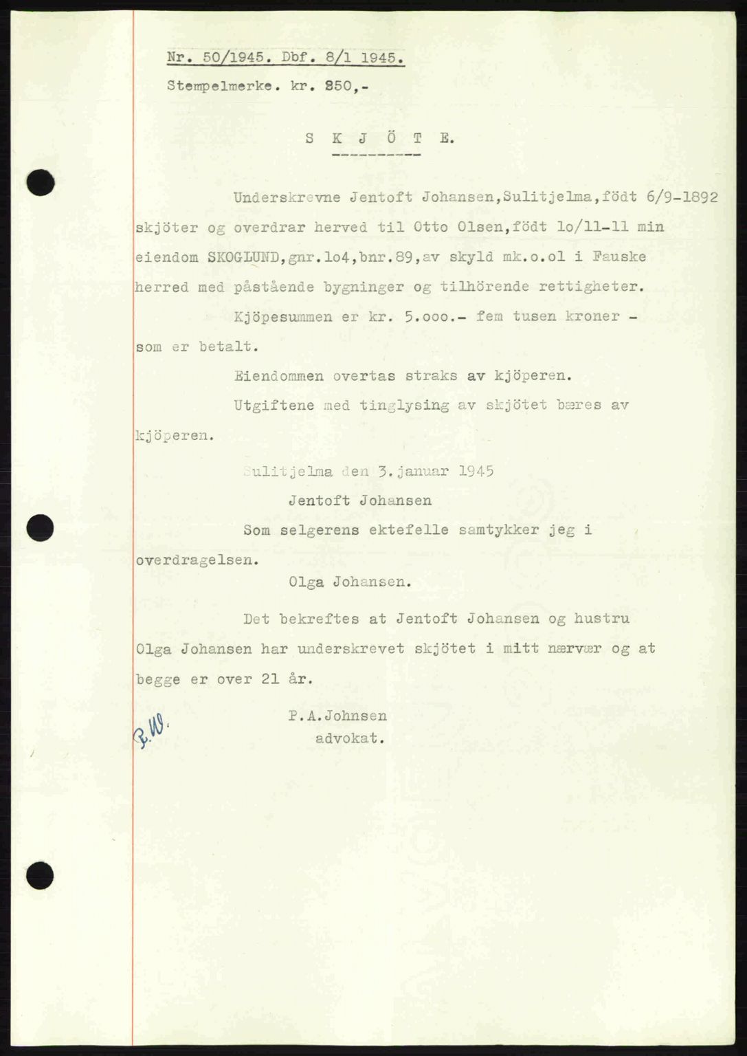 Salten sorenskriveri, AV/SAT-A-4578/1/2/2C: Mortgage book no. A14-15, 1943-1945, Diary no: : 50/1945