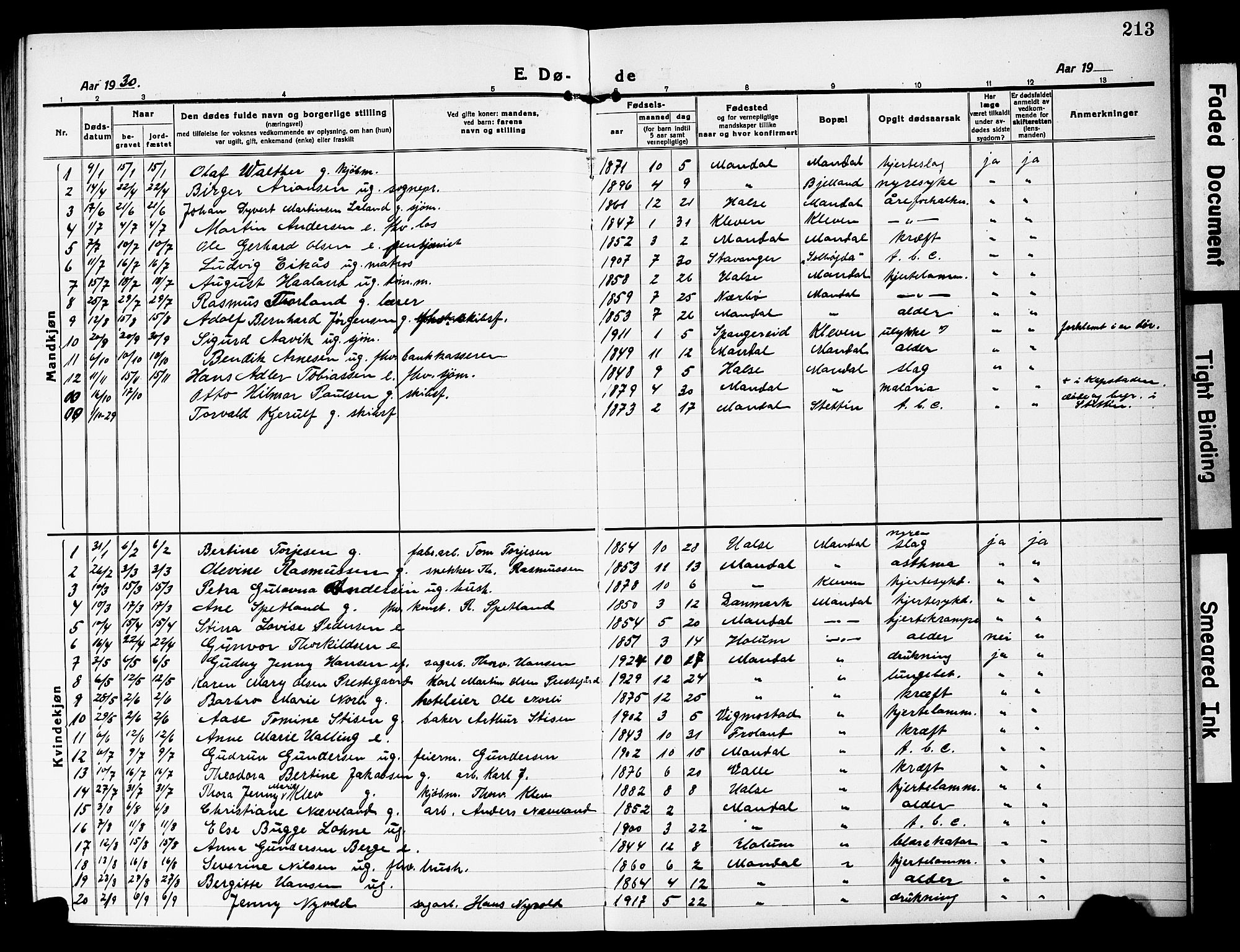 Mandal sokneprestkontor, SAK/1111-0030/F/Fb/Fbc/L0001: Parish register (copy) no. B 1, 1918-1931, p. 213