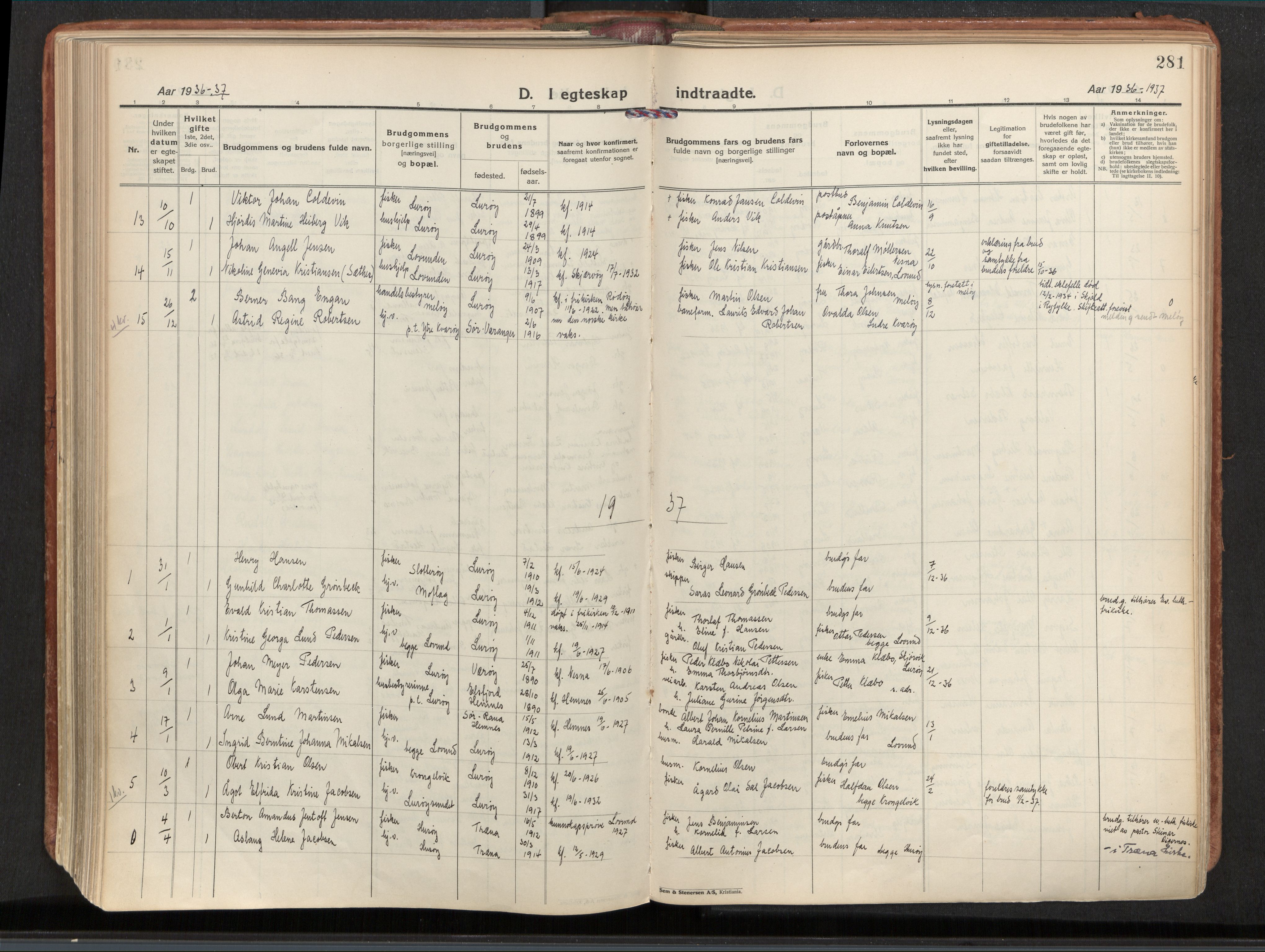 Ministerialprotokoller, klokkerbøker og fødselsregistre - Nordland, SAT/A-1459/839/L0570: Parish register (official) no. 839A07, 1923-1942, p. 281