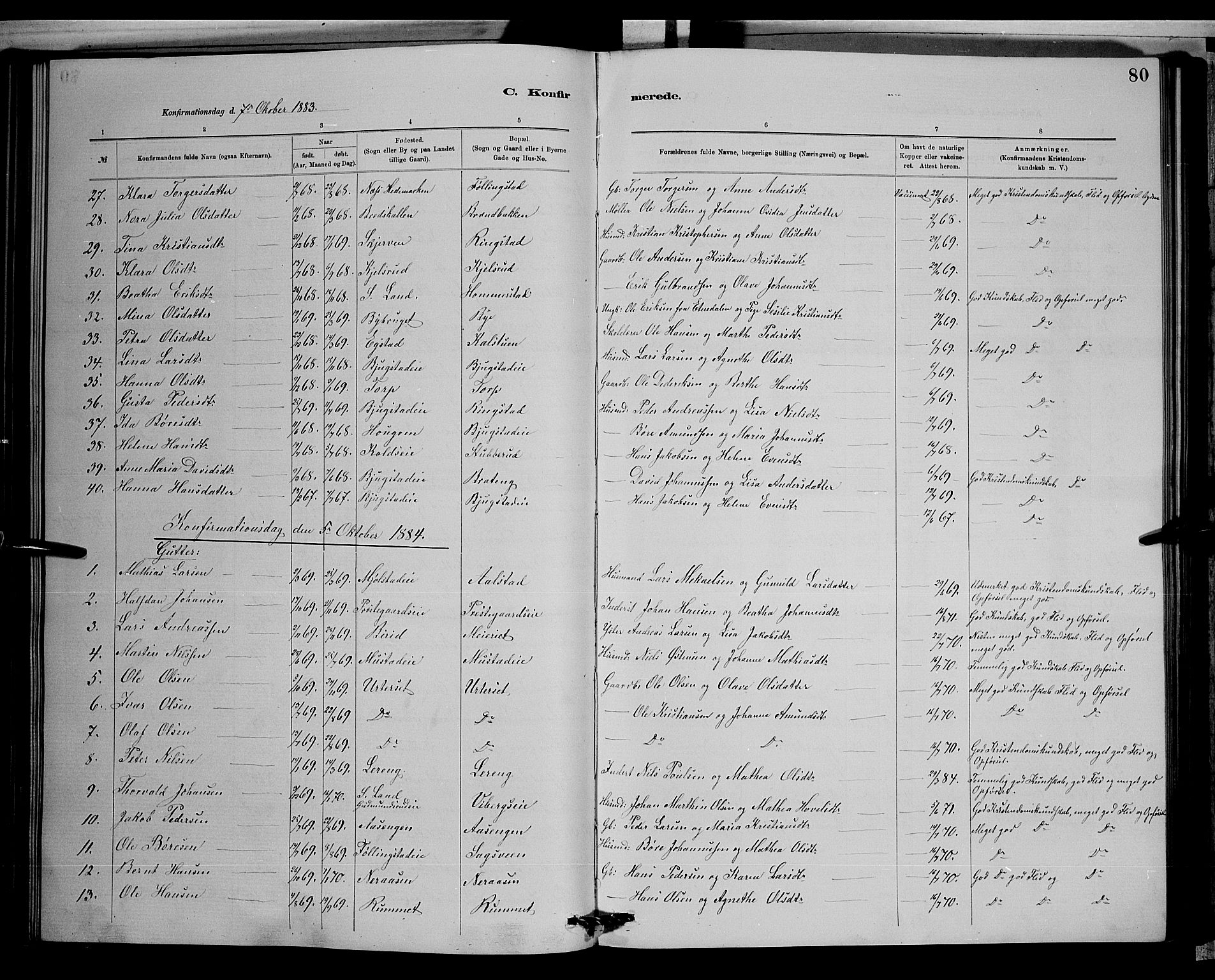 Vardal prestekontor, SAH/PREST-100/H/Ha/Hab/L0008: Parish register (copy) no. 8, 1881-1898, p. 80