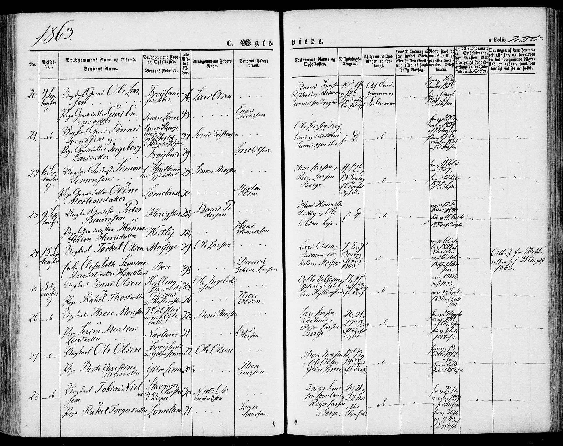 Lye sokneprestkontor, SAST/A-101794/001/30BA/L0007: Parish register (official) no. A 6, 1856-1871, p. 235