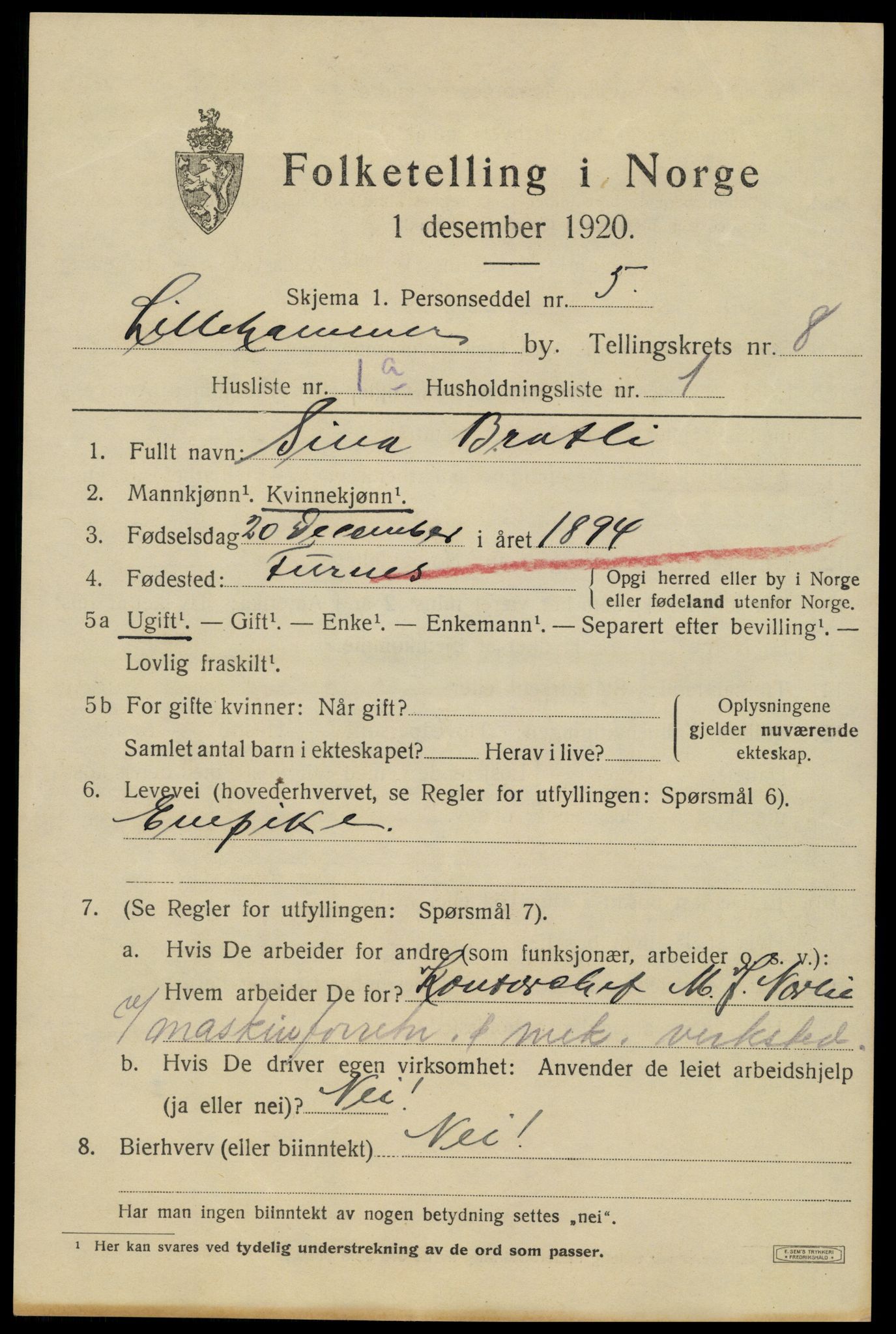 SAH, 1920 census for Lillehammer, 1920, p. 10388