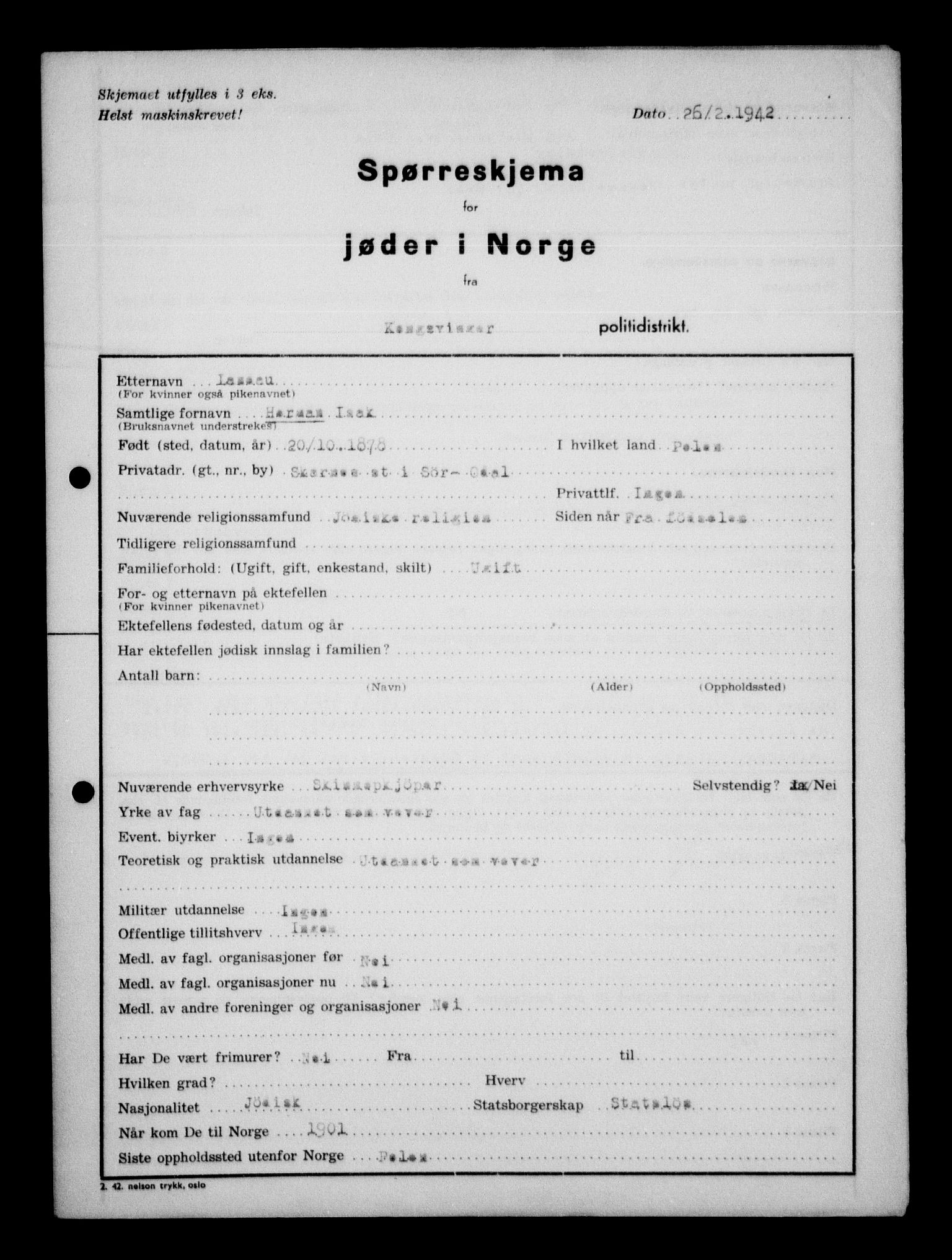 Statspolitiet - Hovedkontoret / Osloavdelingen, AV/RA-S-1329/G/Ga/L0012: Spørreskjema for jøder i Norge. 1: Aker 114- 207 (Levinson-Wozak) og 656 (Salomon). 2: Arendal-Hordaland. 3: Horten-Romerike.  , 1942, p. 651