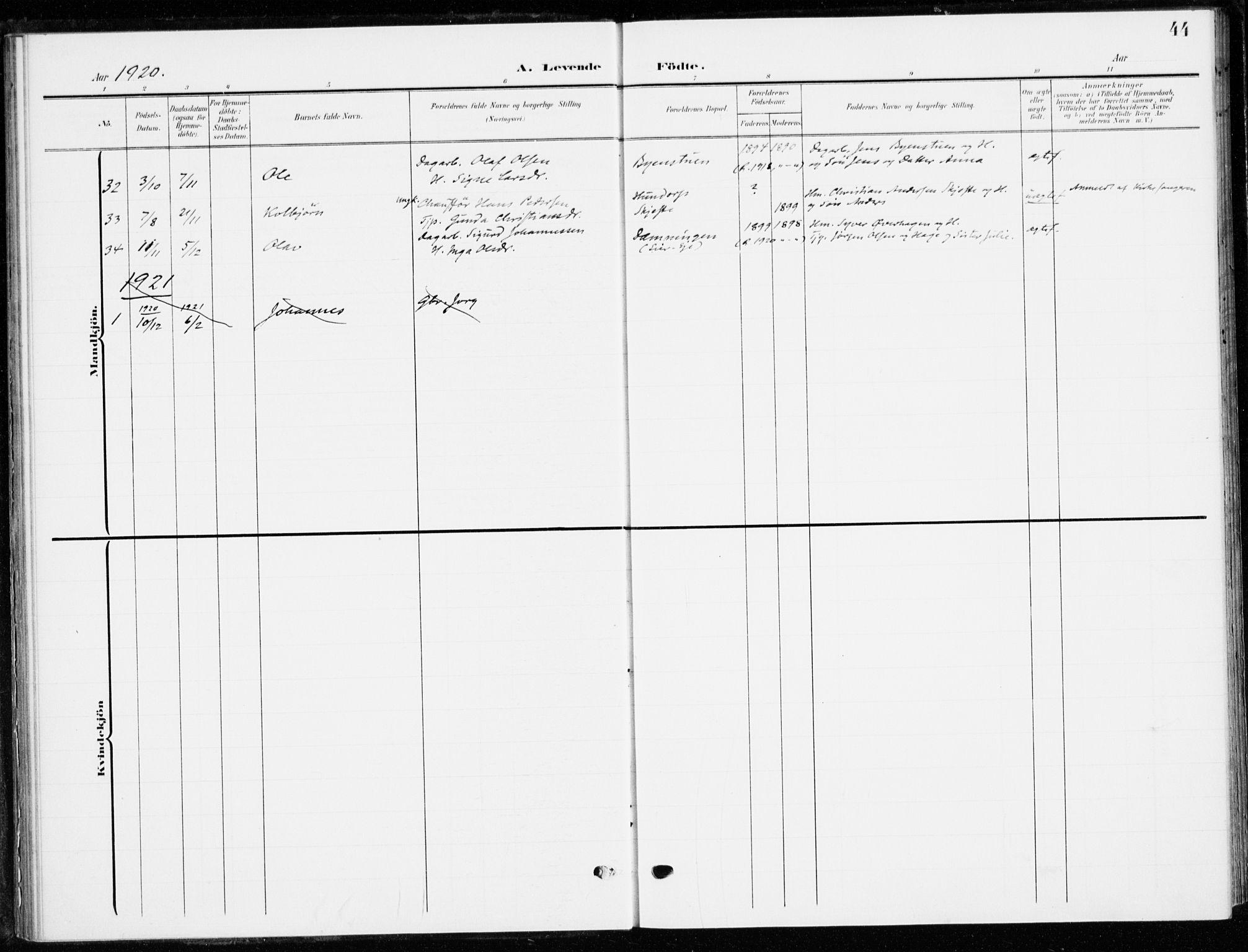 Ringsaker prestekontor, AV/SAH-PREST-014/K/Ka/L0021: Parish register (official) no. 21, 1905-1920, p. 44