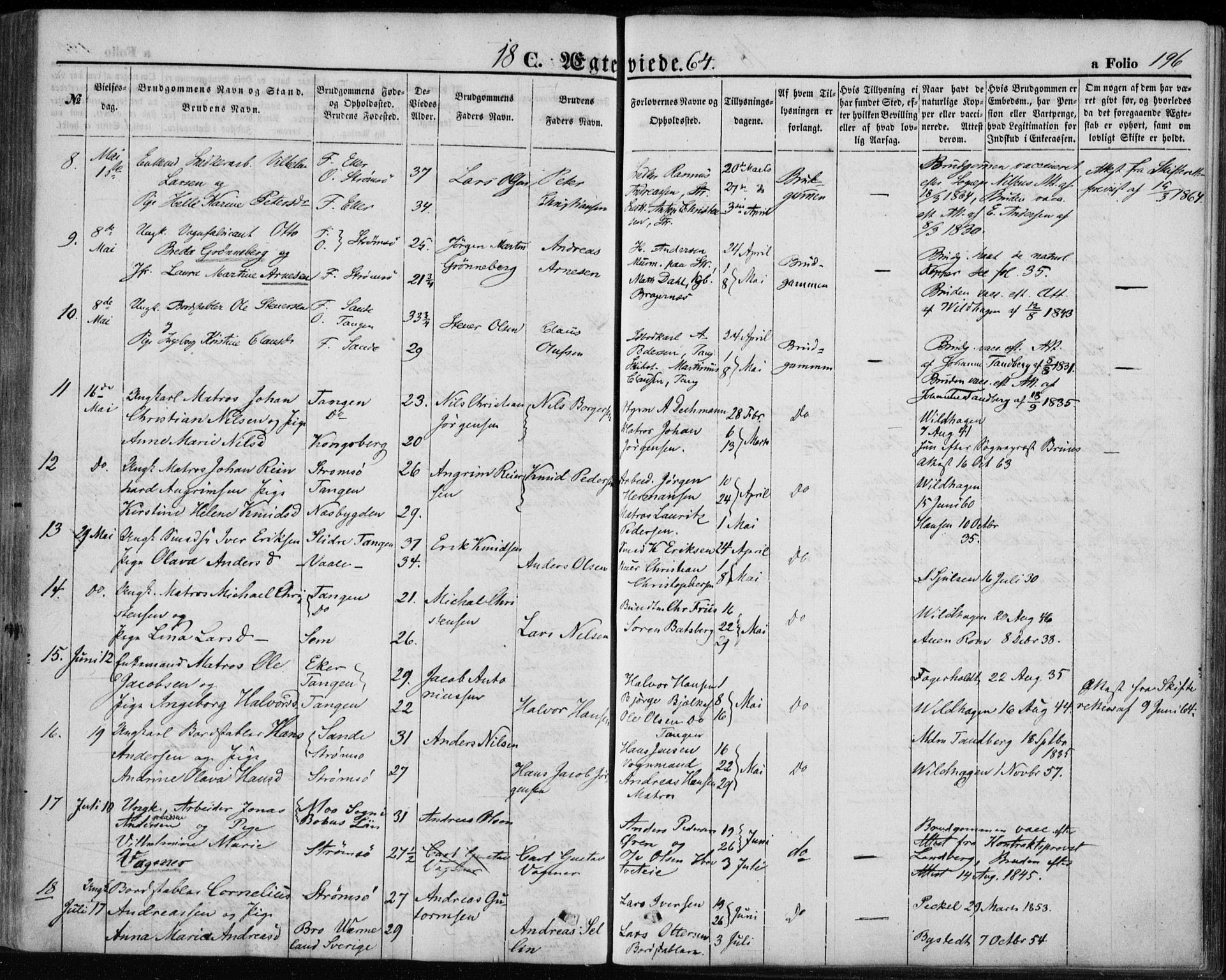 Strømsø kirkebøker, AV/SAKO-A-246/F/Fa/L0017: Parish register (official) no. I 17, 1848-1865, p. 196