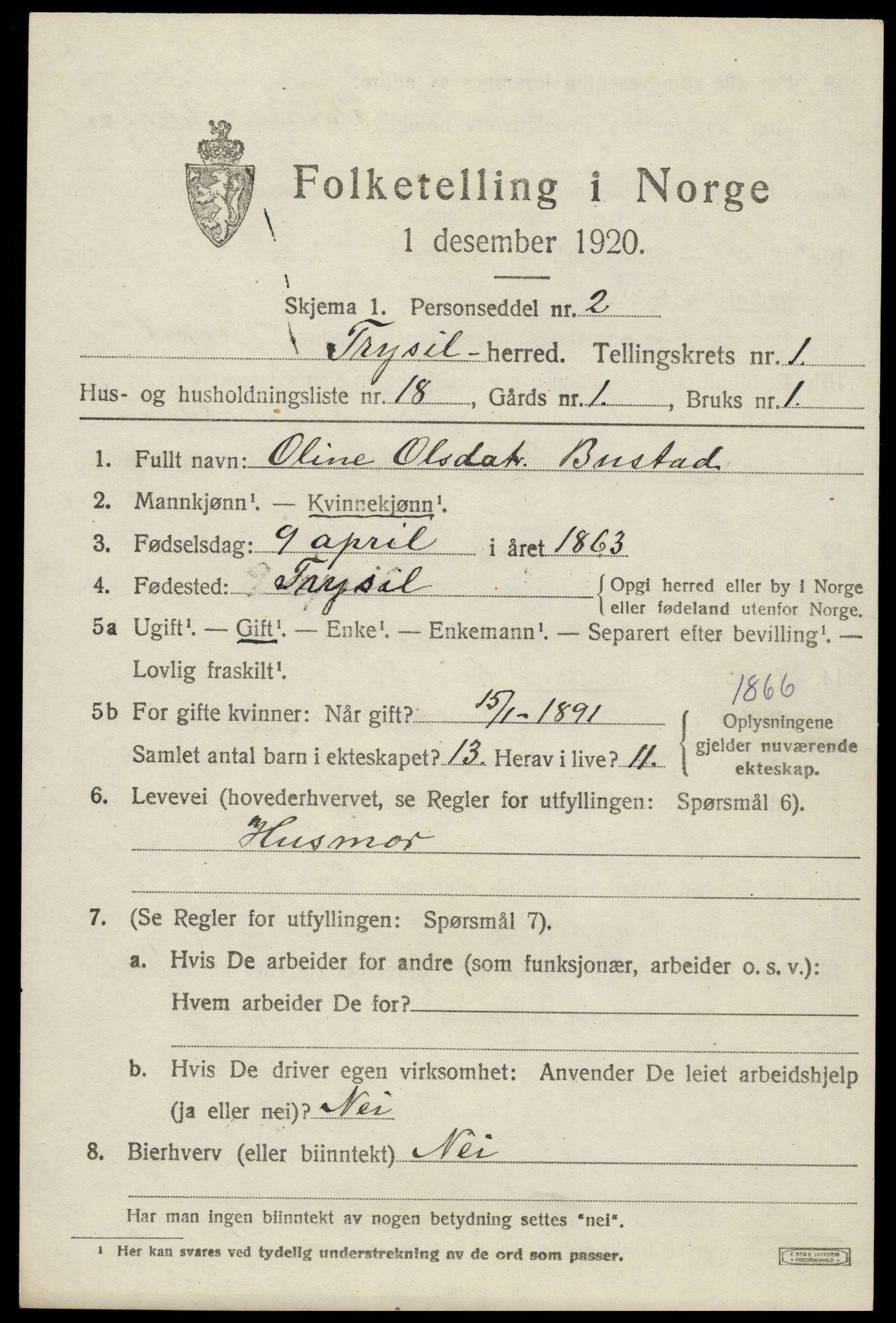 SAH, 1920 census for Trysil, 1920, p. 2763