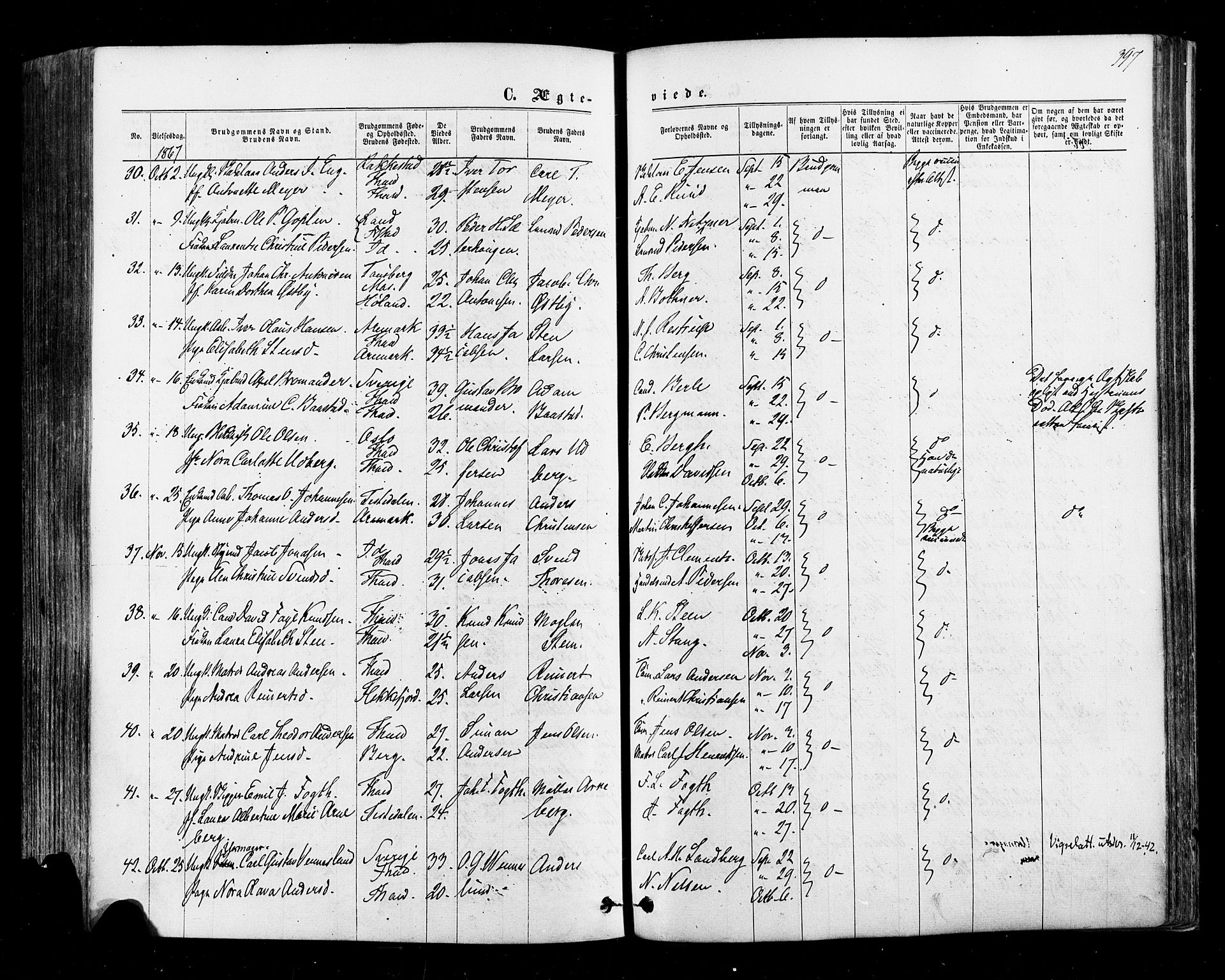 Halden prestekontor Kirkebøker, SAO/A-10909/F/Fa/L0009: Parish register (official) no. I 9, 1866-1877, p. 397