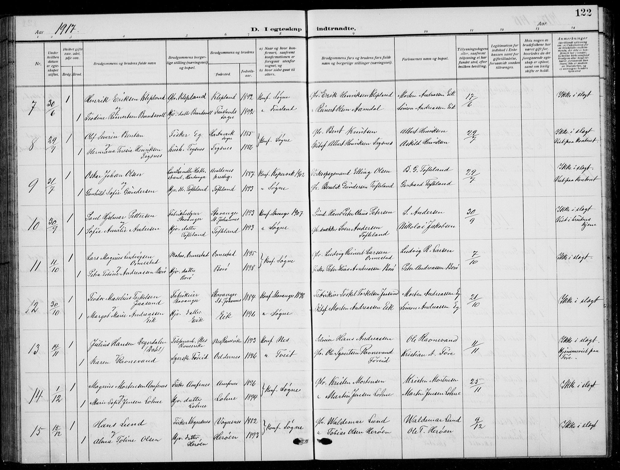 Søgne sokneprestkontor, AV/SAK-1111-0037/F/Fb/Fbb/L0007: Parish register (copy) no. B 7, 1912-1931, p. 122