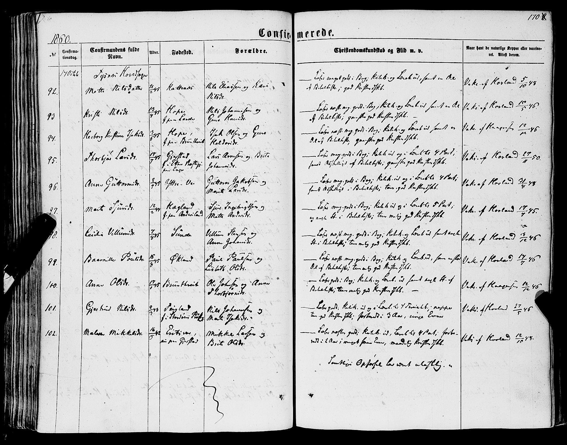 Tysnes sokneprestembete, SAB/A-78601/H/Haa: Parish register (official) no. A 11, 1860-1871, p. 170