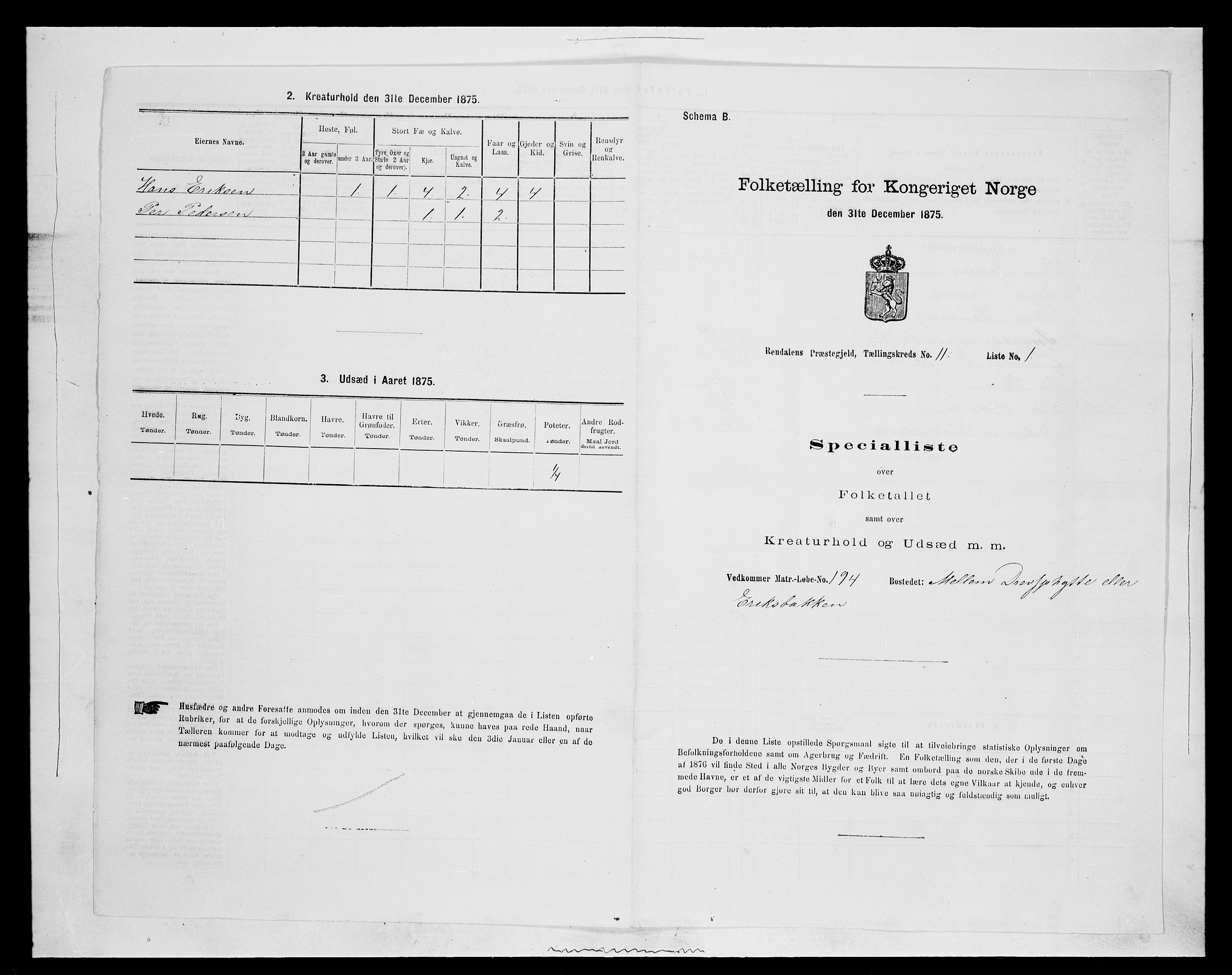 SAH, 1875 census for 0432P Rendalen, 1875, p. 938