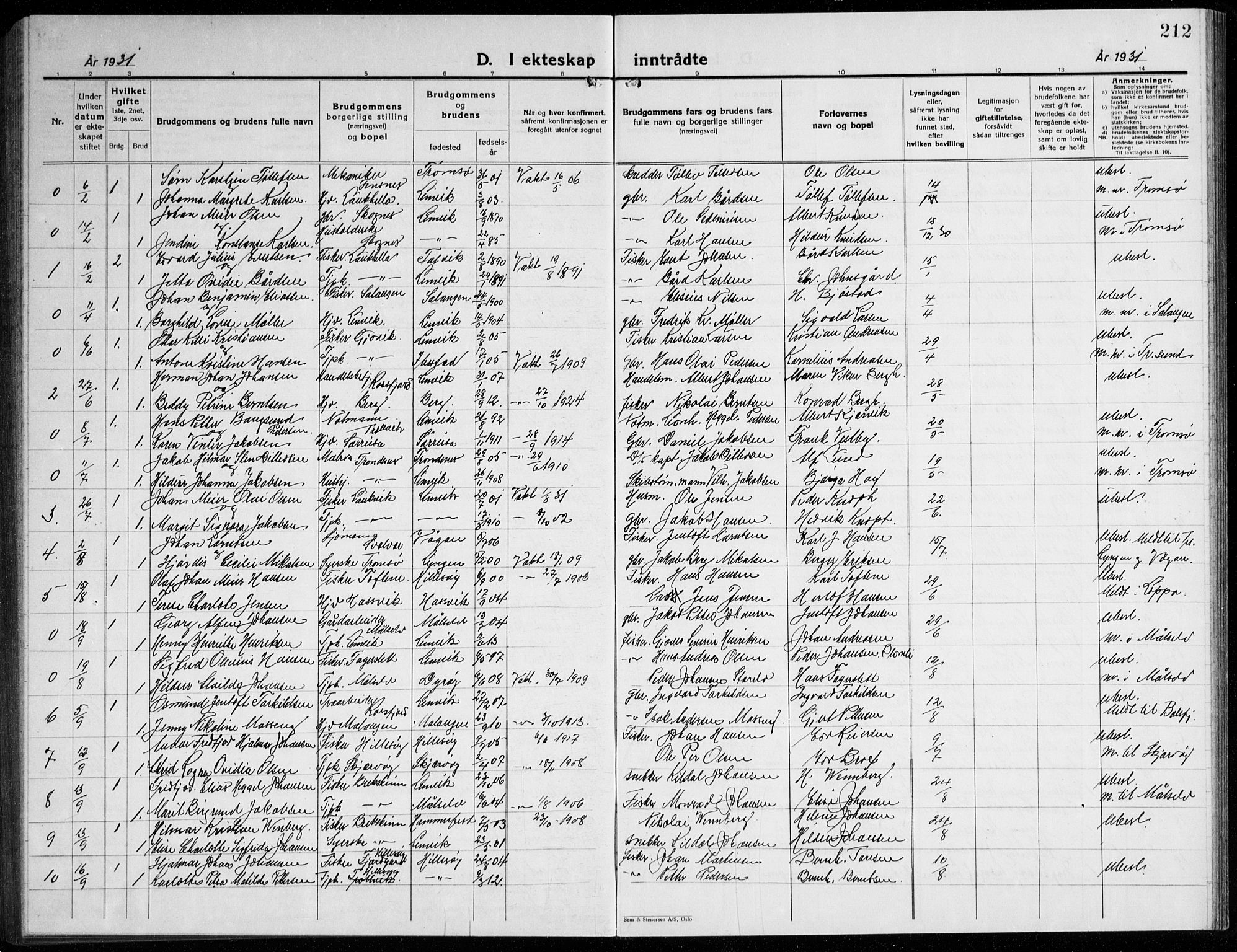 Lenvik sokneprestembete, AV/SATØ-S-1310/H/Ha/Hab/L0010klokker: Parish register (copy) no. 10, 1927-1945, p. 212