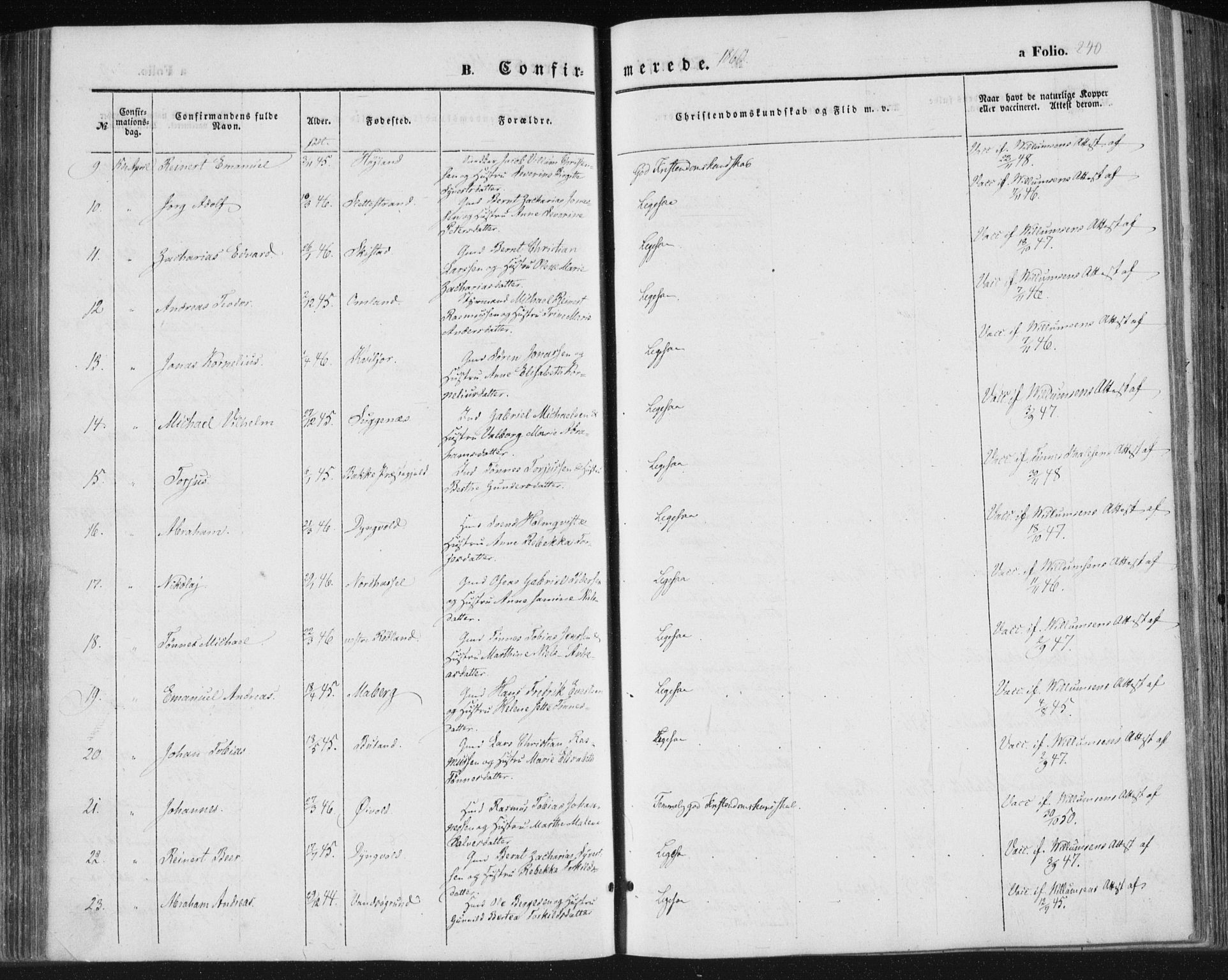 Lista sokneprestkontor, SAK/1111-0027/F/Fa/L0010: Parish register (official) no. A 10, 1846-1861, p. 240