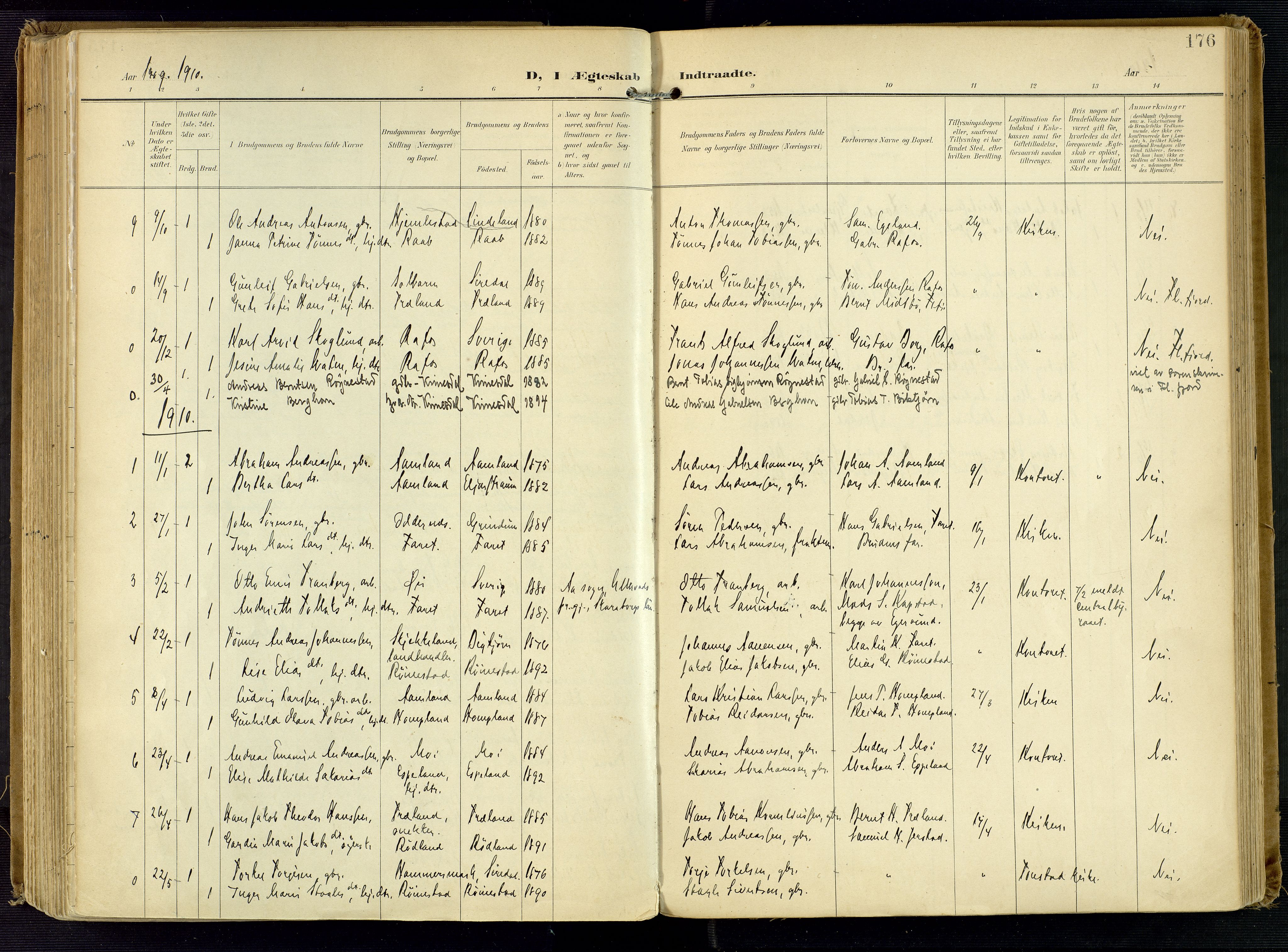 Kvinesdal sokneprestkontor, AV/SAK-1111-0026/F/Fa/Fab/L0009: Parish register (official) no. A 9, 1898-1915, p. 176