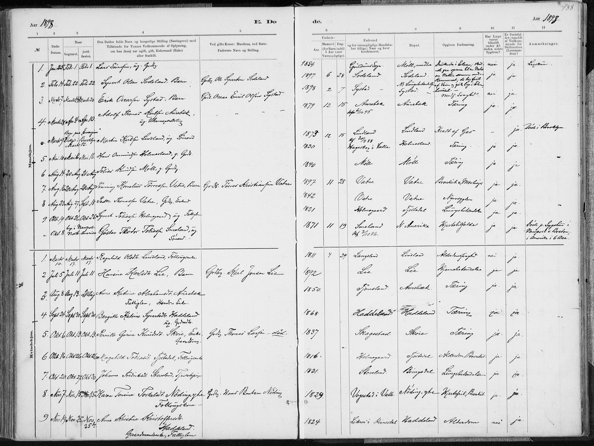 Holum sokneprestkontor, SAK/1111-0022/F/Fa/Faa/L0007: Parish register (official) no. A 7, 1884-1907, p. 188