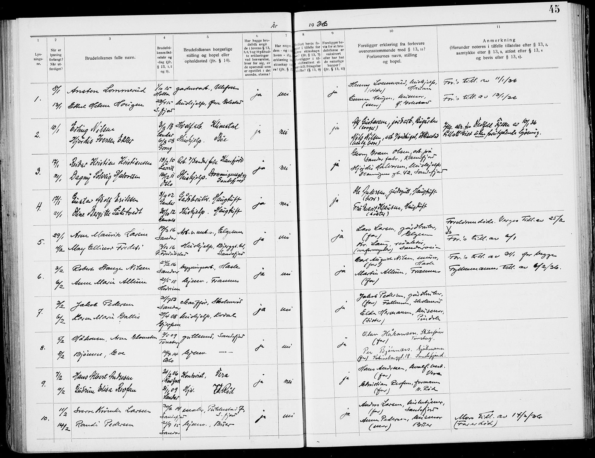Sandar kirkebøker, AV/SAKO-A-243/H/Ha/L0006: Banns register no. 6, 1932-1939, p. 45