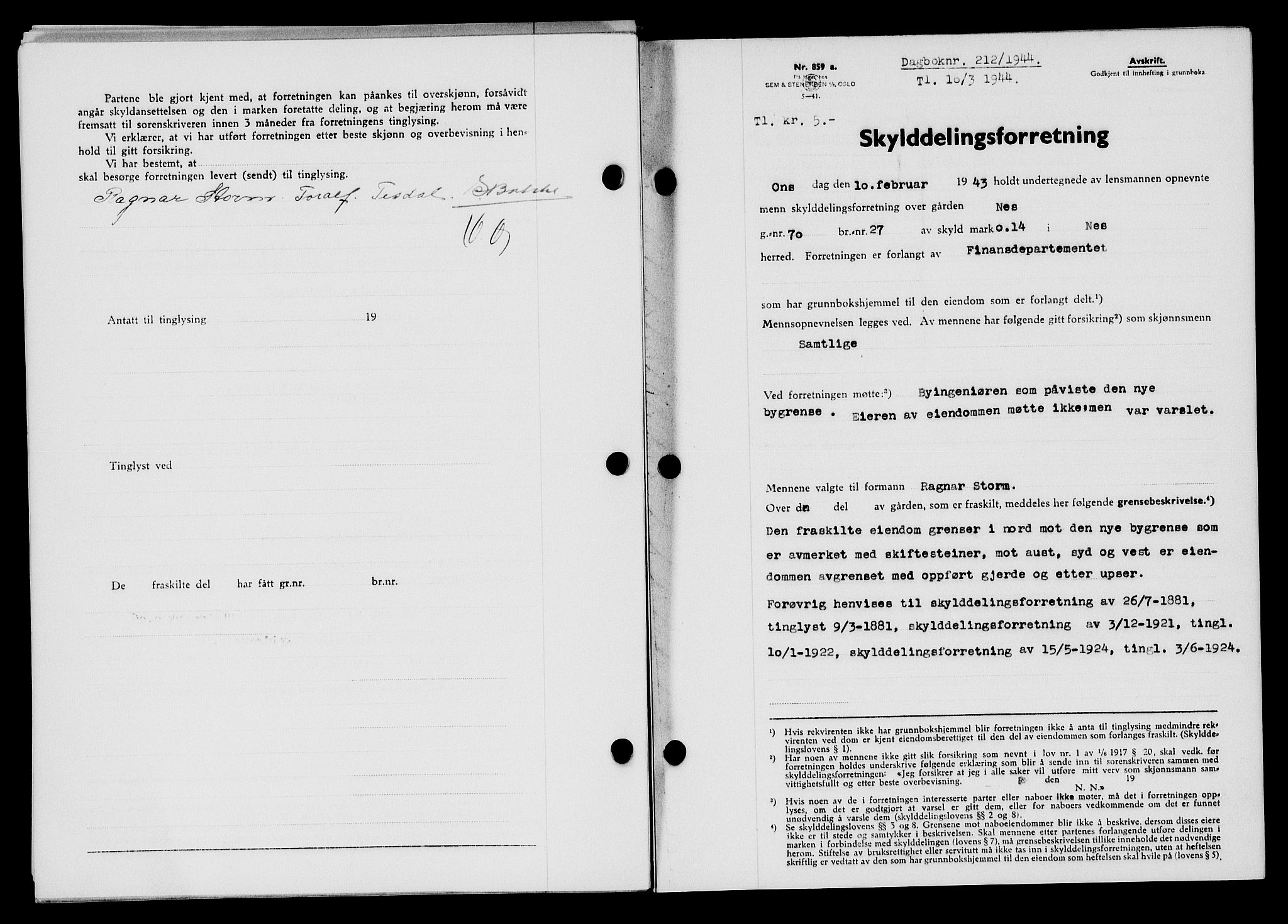 Flekkefjord sorenskriveri, SAK/1221-0001/G/Gb/Gba/L0059: Mortgage book no. A-7, 1944-1945, Diary no: : 212/1944