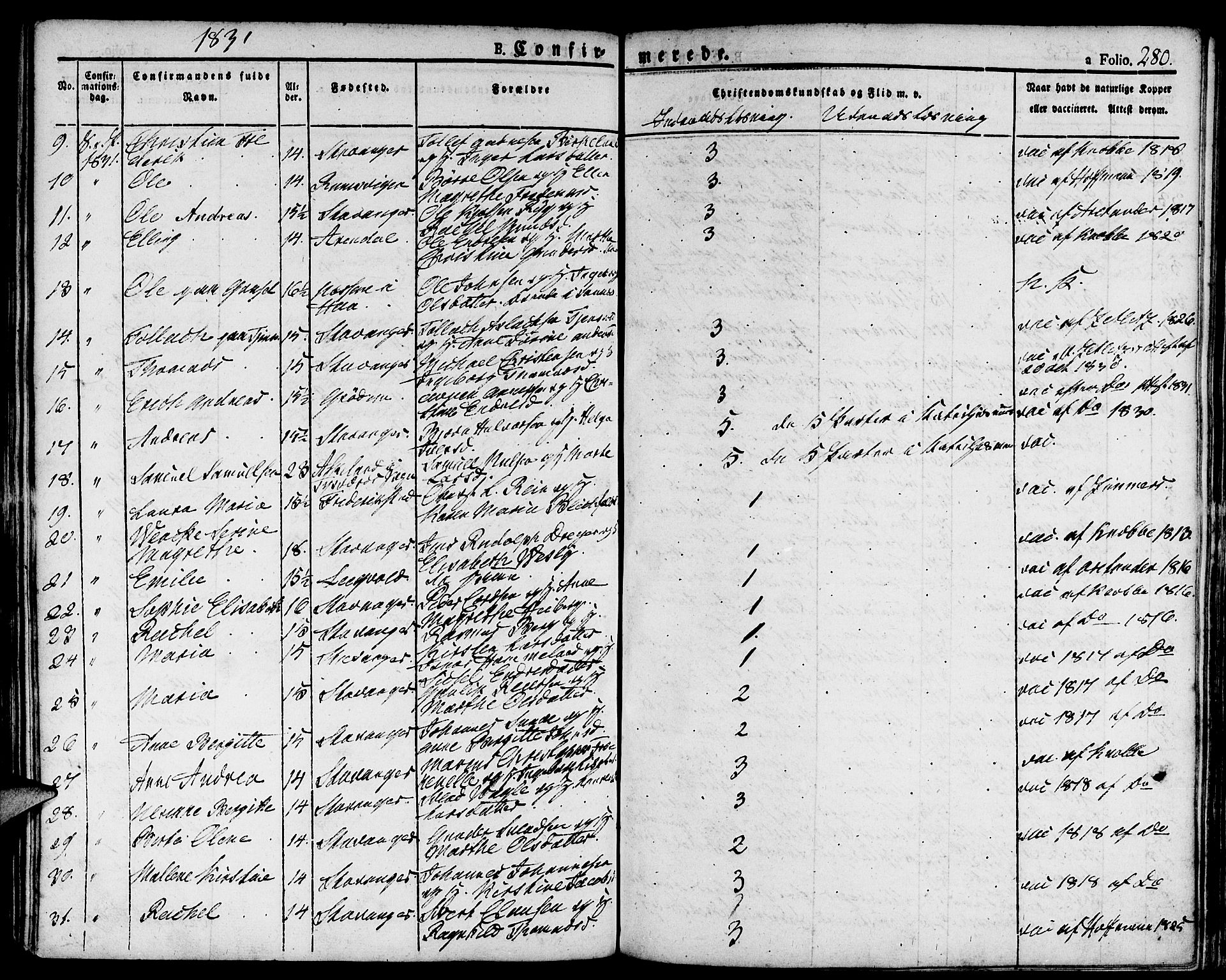 Domkirken sokneprestkontor, SAST/A-101812/001/30/30BA/L0009: Parish register (official) no. A 9, 1821-1832, p. 280