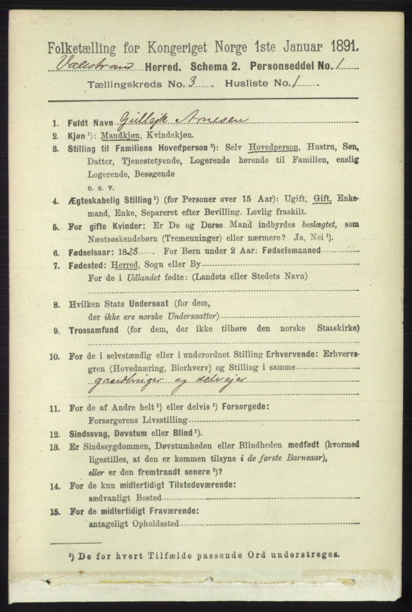 RA, 1891 census for 1217 Valestrand, 1891, p. 543