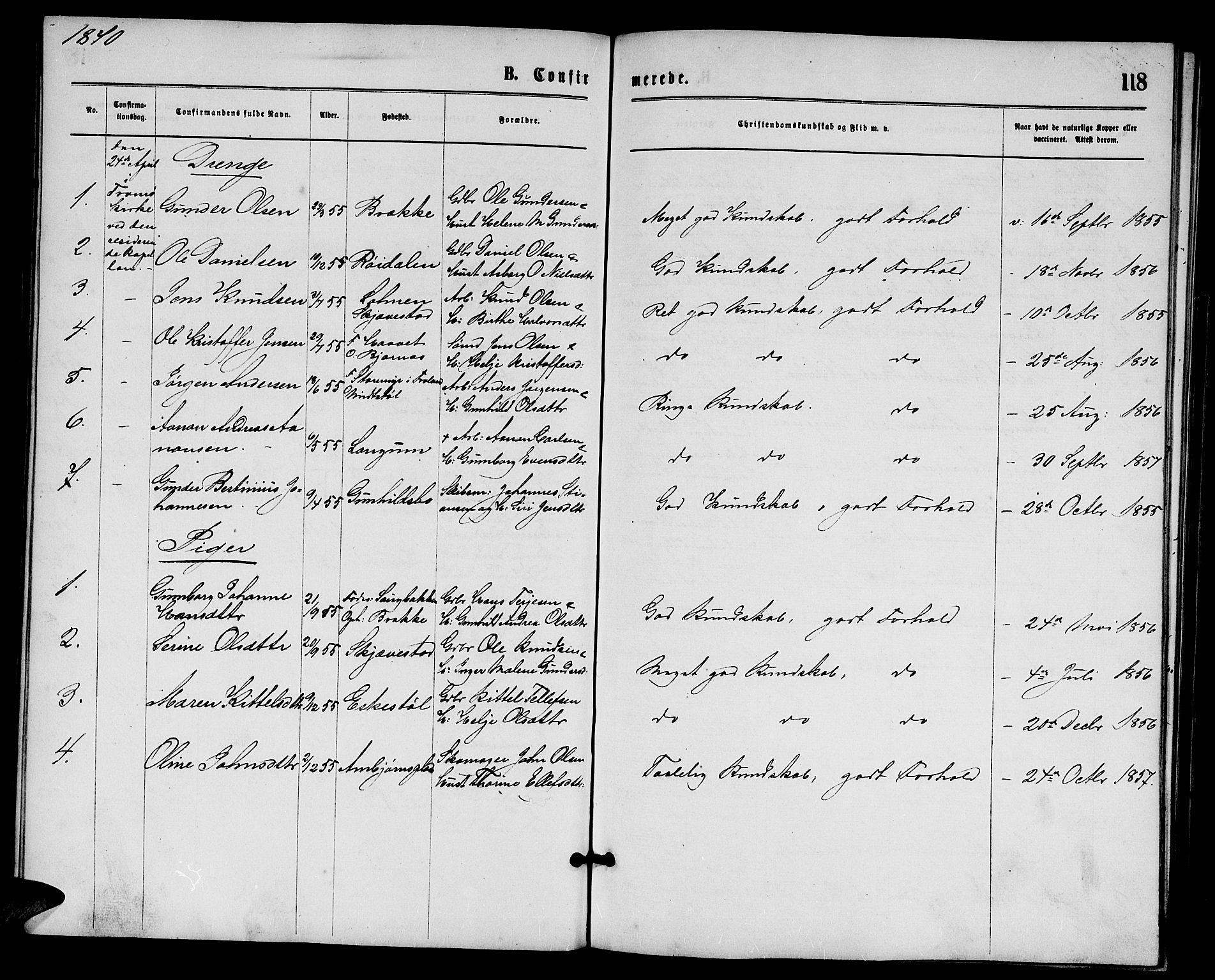 Austre Moland sokneprestkontor, SAK/1111-0001/F/Fb/Fba/L0002: Parish register (copy) no. B 2, 1869-1879, p. 118